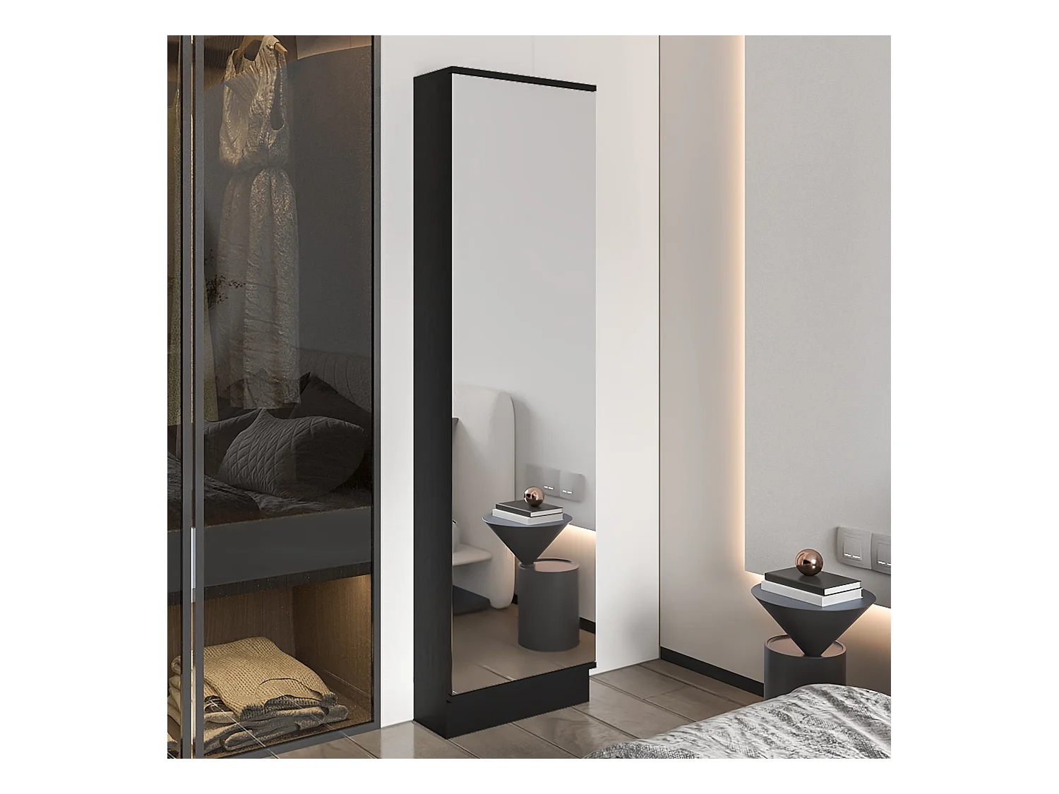 Leto xl Porte chaussures mural en mélamine, avec miroir, 170 cm X 46.99 cm X 18.99 cm , Noir