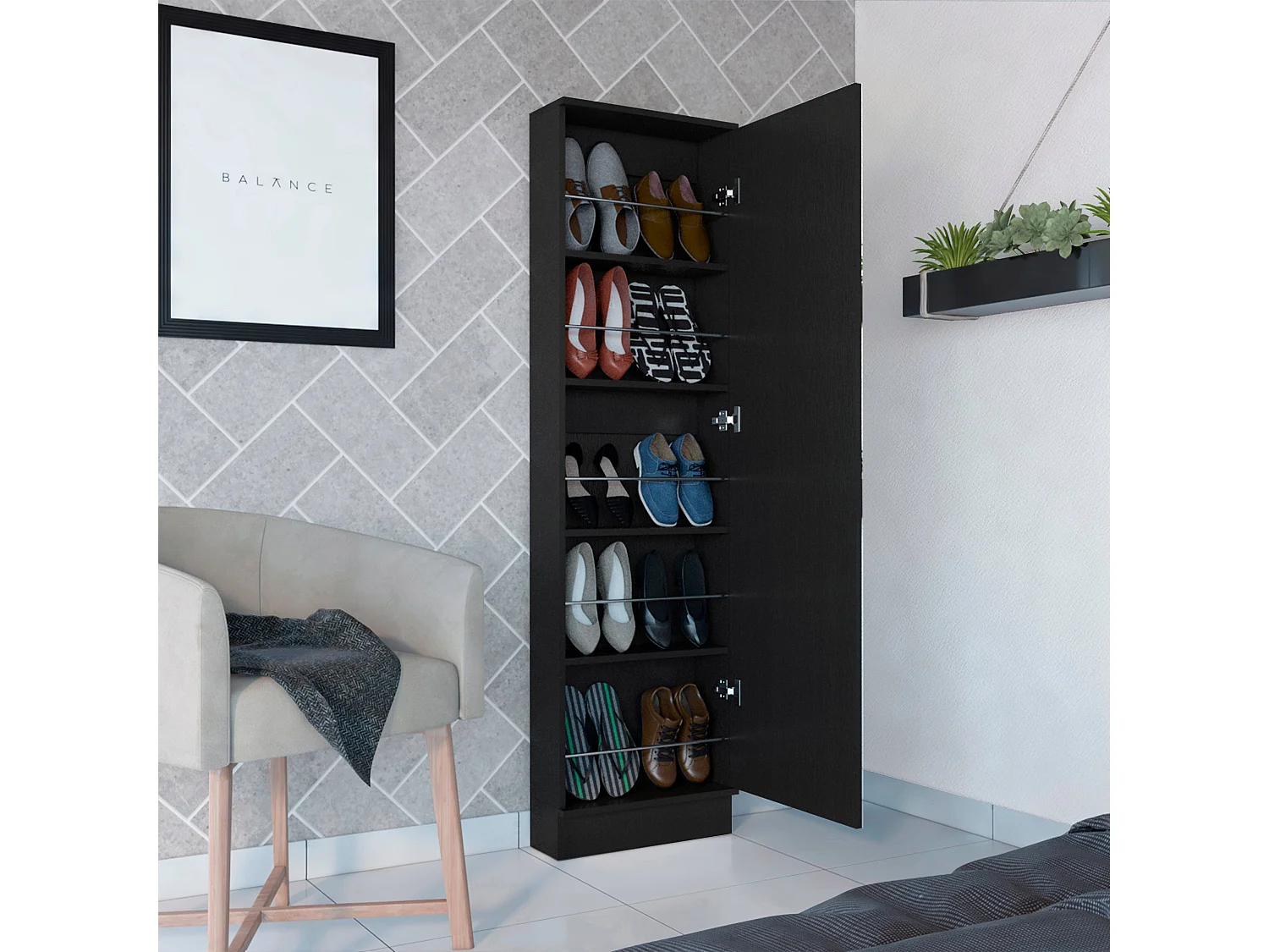 Sapateira de parede em melamina Leto xl, com espelho, 170 cm X 46.99 cm X 18.99 cm , Preto