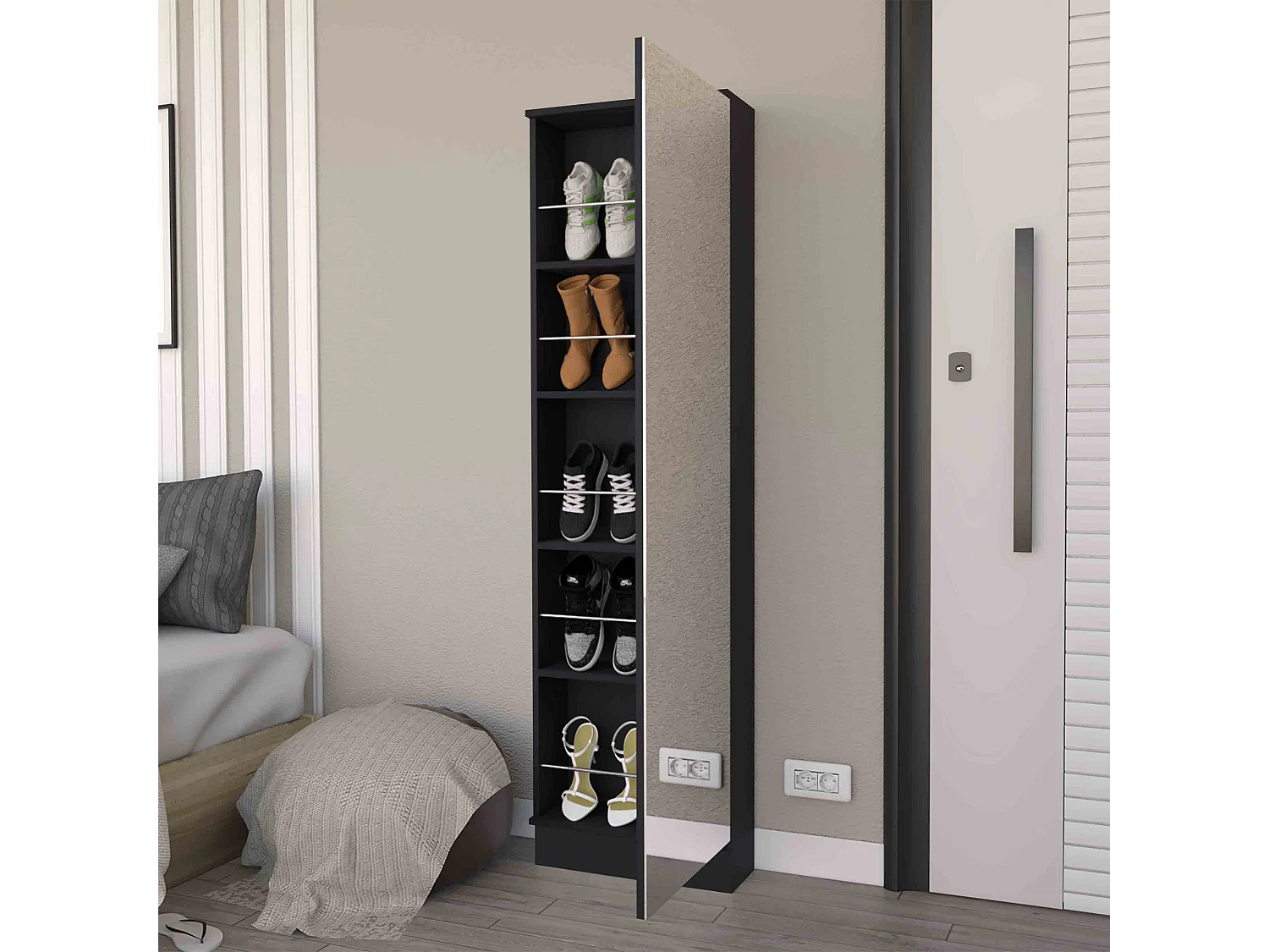 Sapateira de parede em melamina Leto xl, com espelho, 170 cm X 46.99 cm X 18.99 cm , Preto