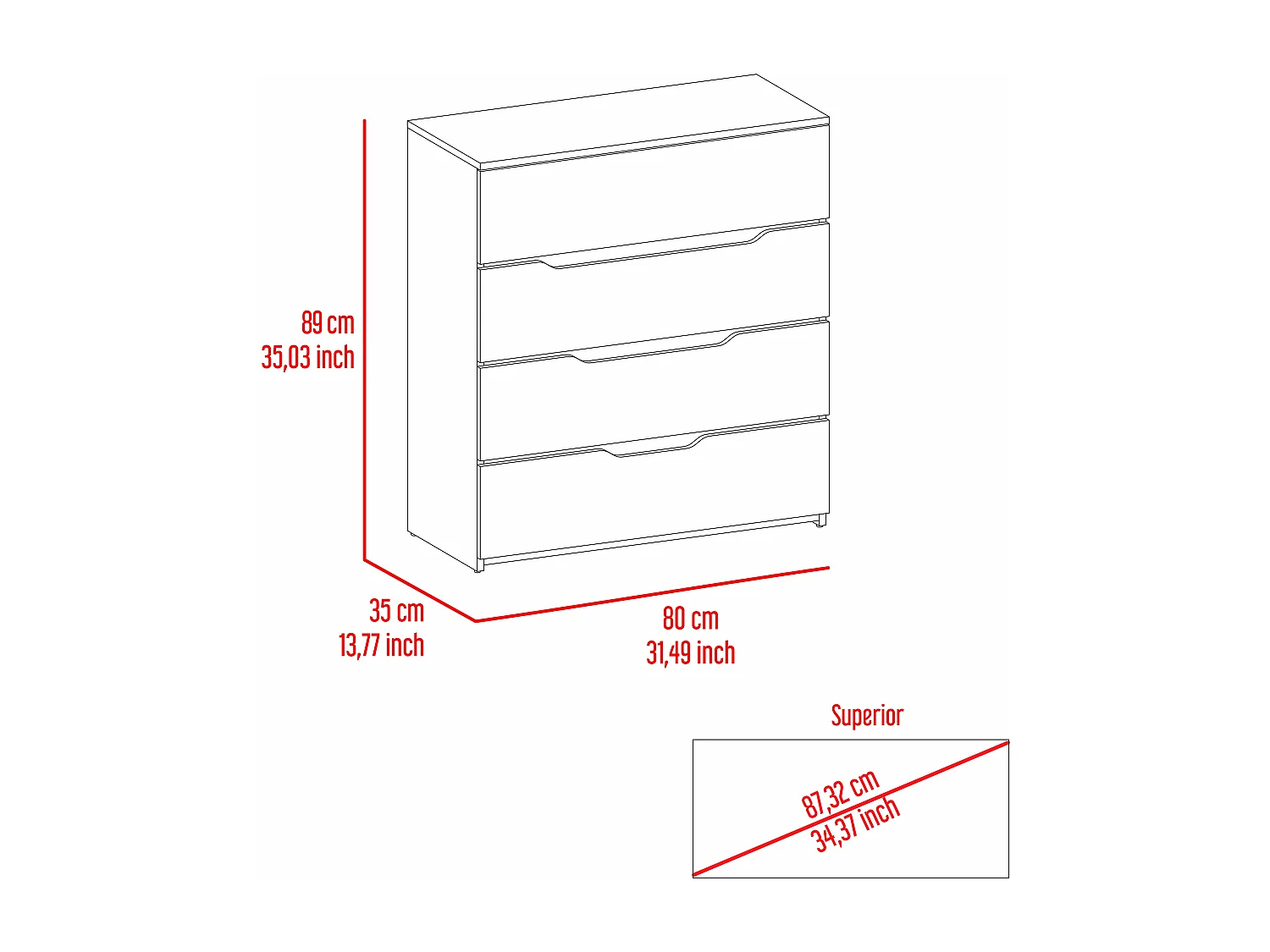 Cassettiera Zoé in melamina, con 4 cassetti con guida in metallo, 88.97 cm X 79.98 cm X 34.97 cm, Multicolore