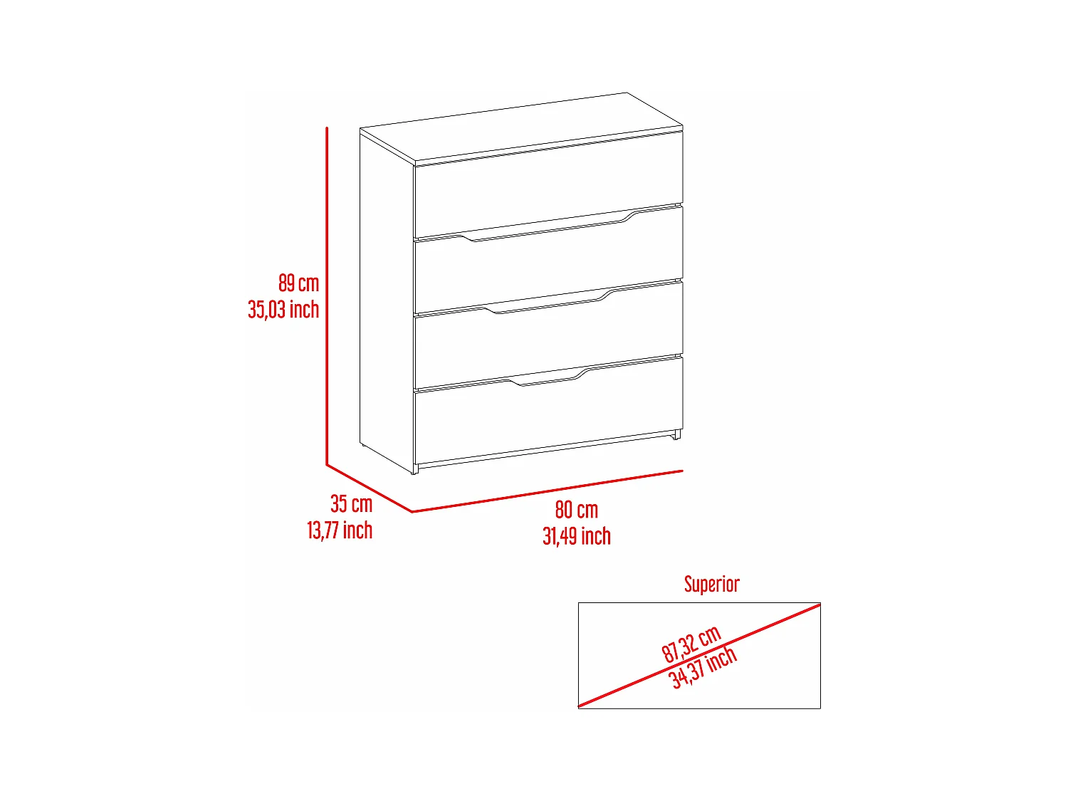 Cómoda zoé en Melamina, con 4 cajones de riel metálico , 88.97 cm  X 79.98 cm  X 34.97 cm  , Multicolor