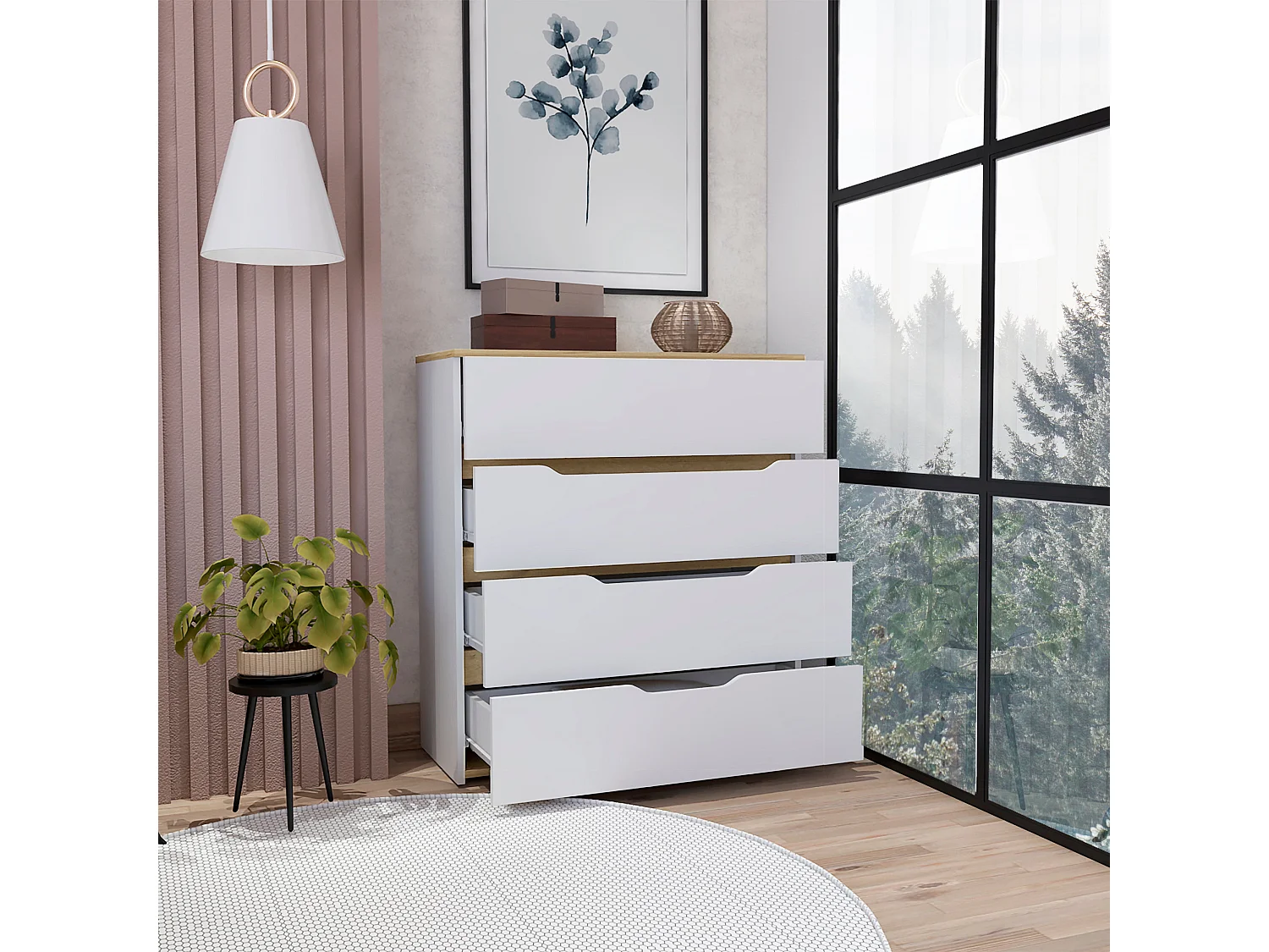 Cómoda zoé en Melamina, con 4 cajones de riel metálico , 88.97 cm  X 79.98 cm  X 34.97 cm  , Multicolor