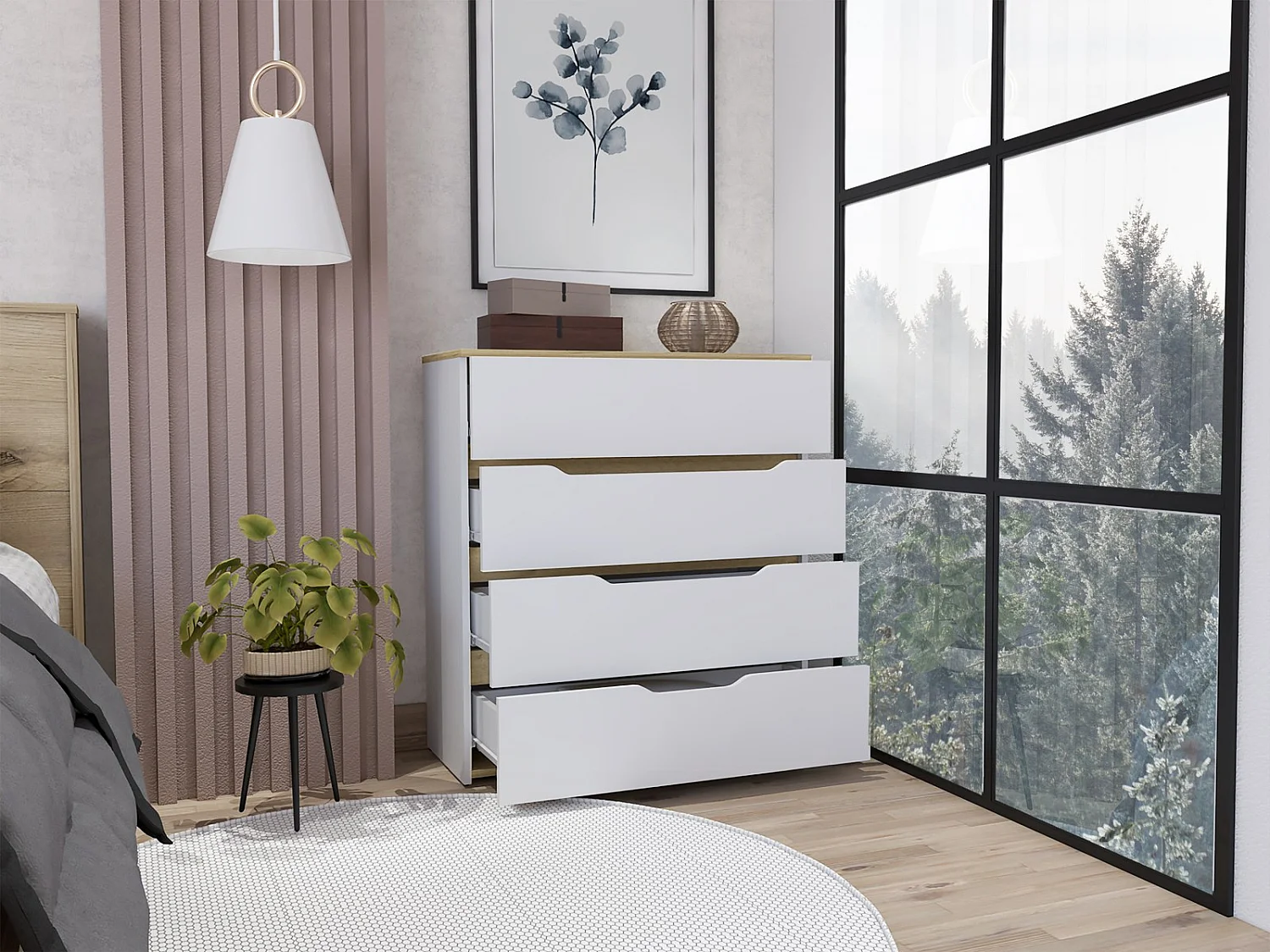 Cómoda Zoe de 80 cm, branco e carvalho claro