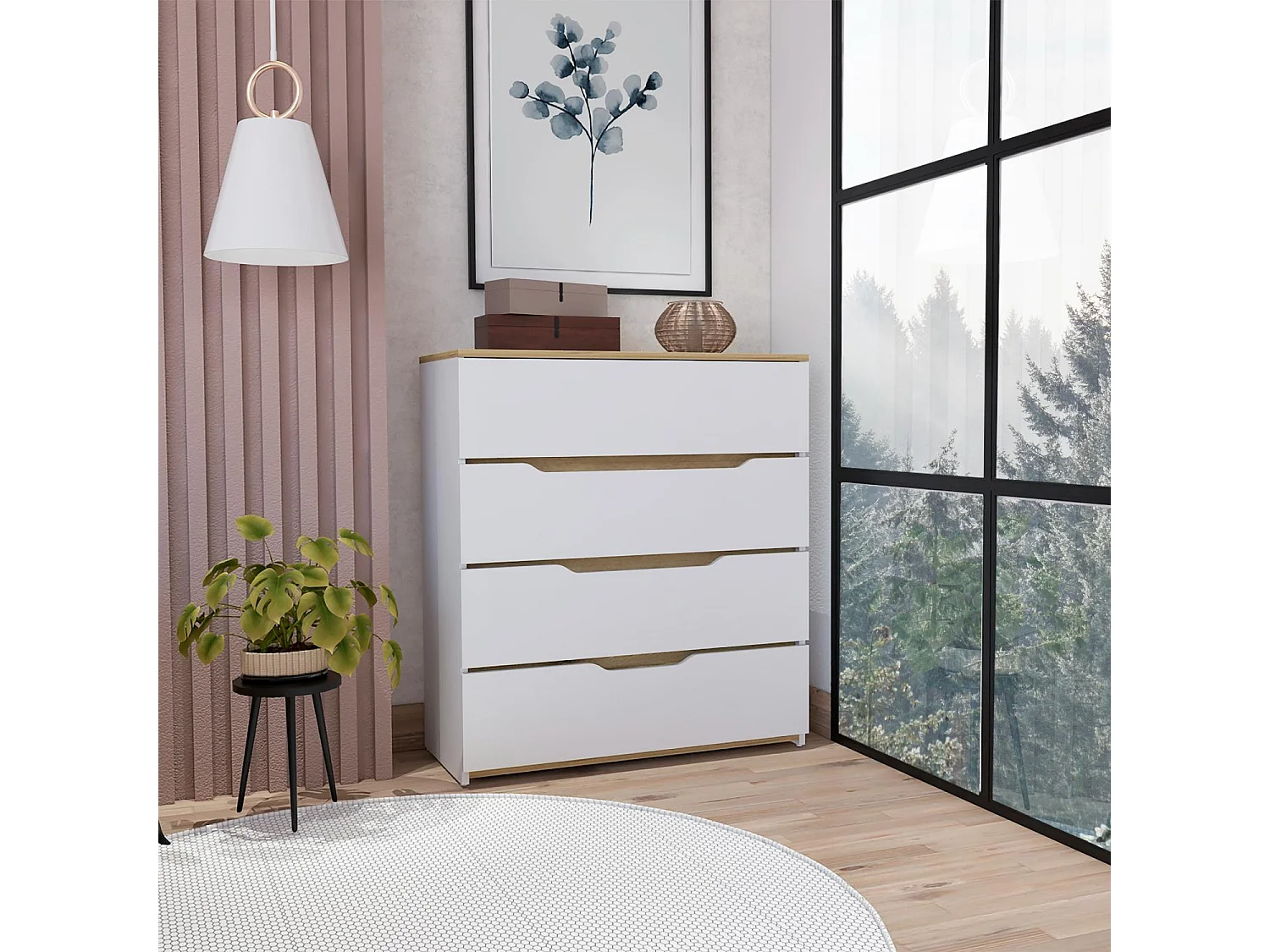 Cómoda Zoe de 80 cm, branco e carvalho claro