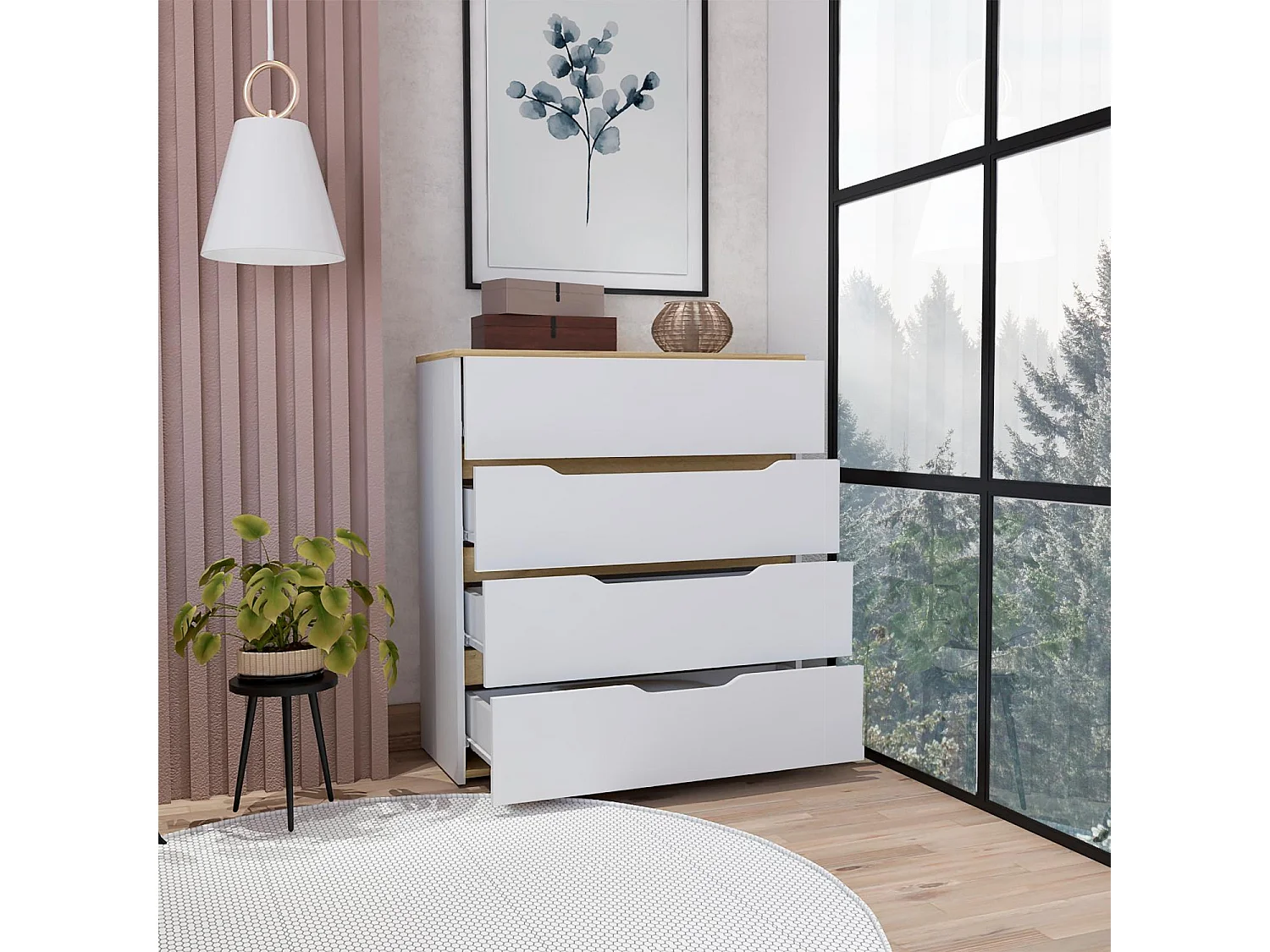 Cómoda Zoe de 80 cm, branco e carvalho claro