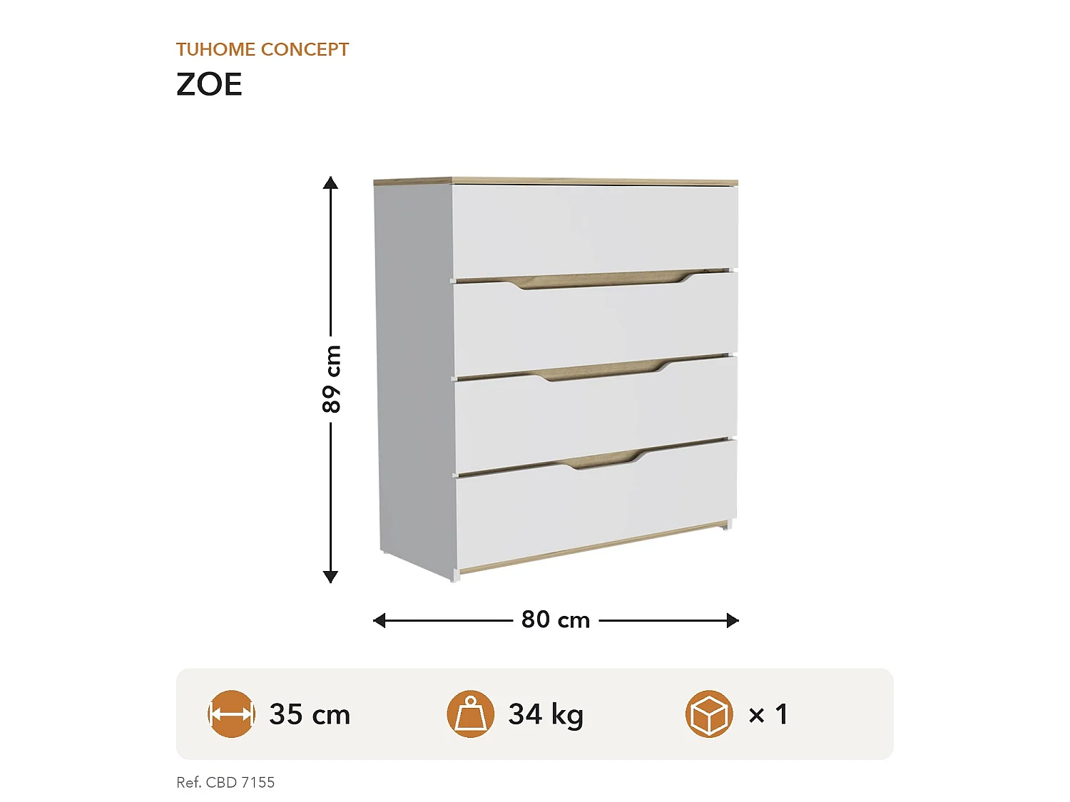 Cómoda Zoe de 80 cm, branco e carvalho claro