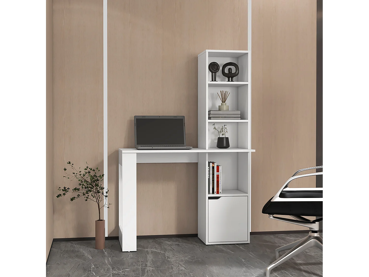 Secretária para computador Lowa em melamina com 1 armário e estante de 4 níveis, 148 cm X 98.50 cm X 45 cm , Branco