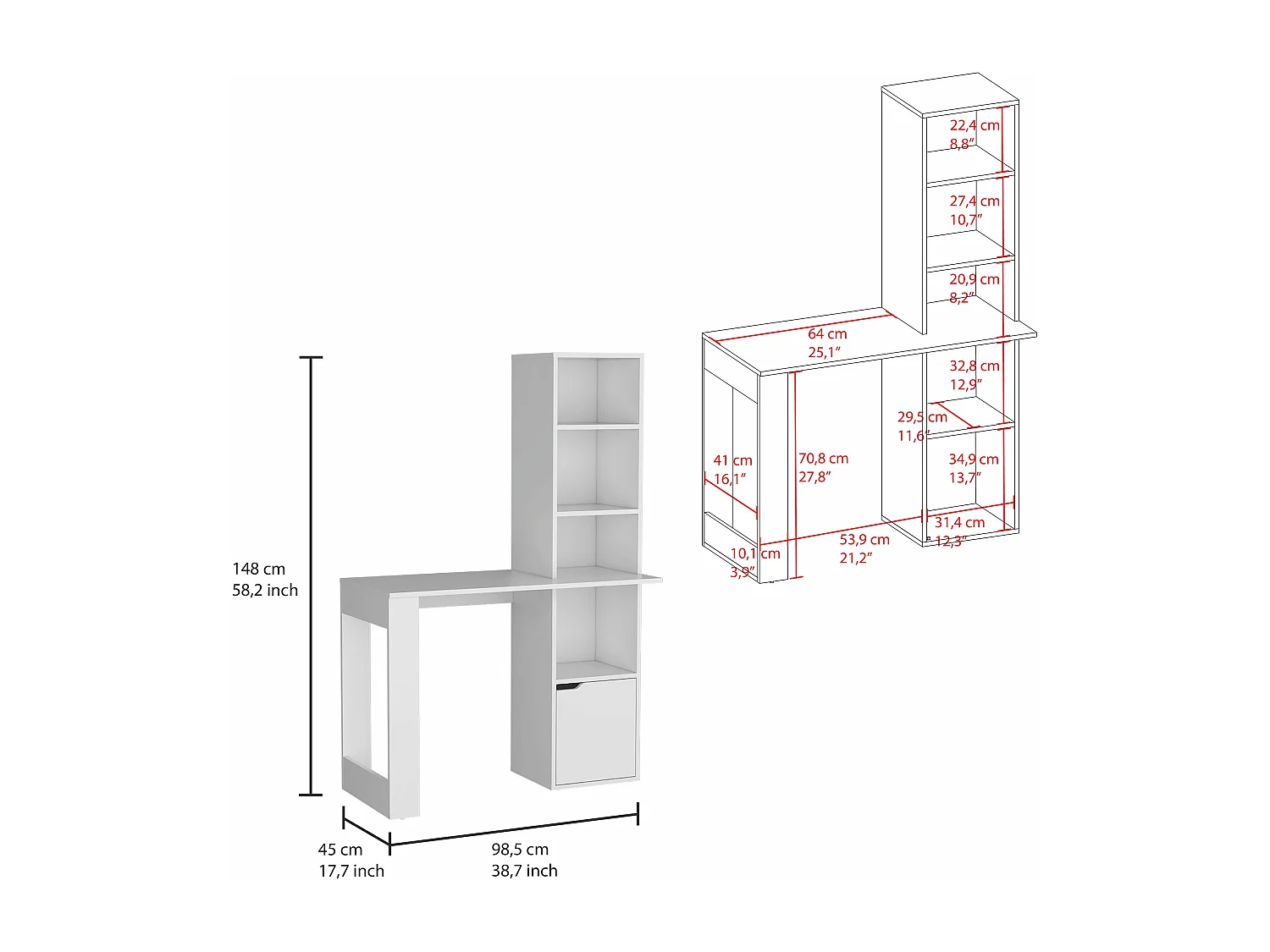 Secretária para computador Lowa em melamina com 1 armário e estante de 4 níveis, 148 cm X 98.50 cm X 45 cm , Branco