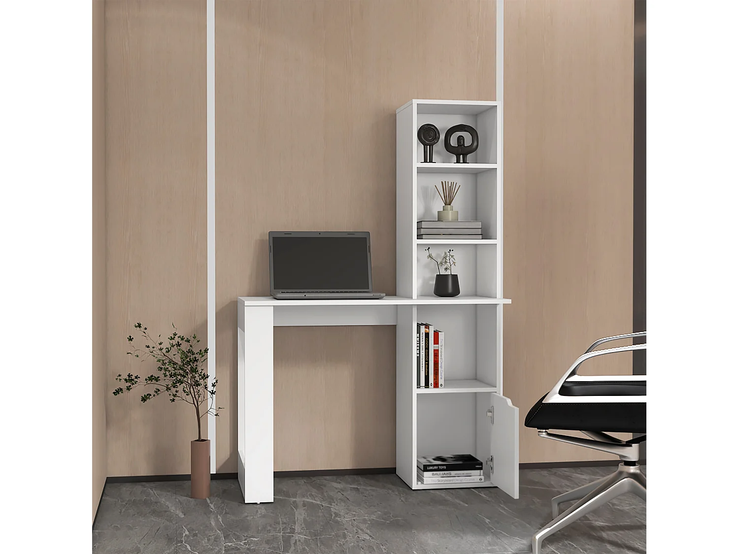 Secretária para computador Lowa em melamina com 1 armário e estante de 4 níveis, 148 cm X 98.50 cm X 45 cm , Branco