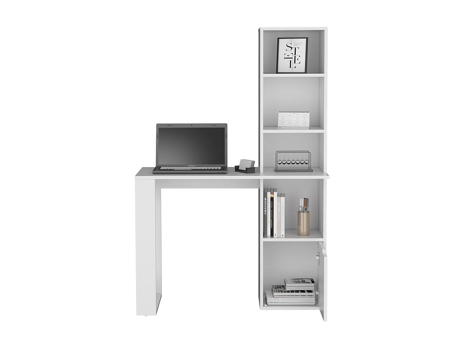 Secretária para computador Lowa em melamina com 1 armário e estante de 4 níveis, 148 cm X 98.50 cm X 45 cm , Branco