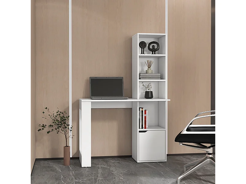 Secretária para computador Lowa em melamina com 1 armário e estante de 4 níveis, 148 cm X 98.50 cm X 45 cm , Branco