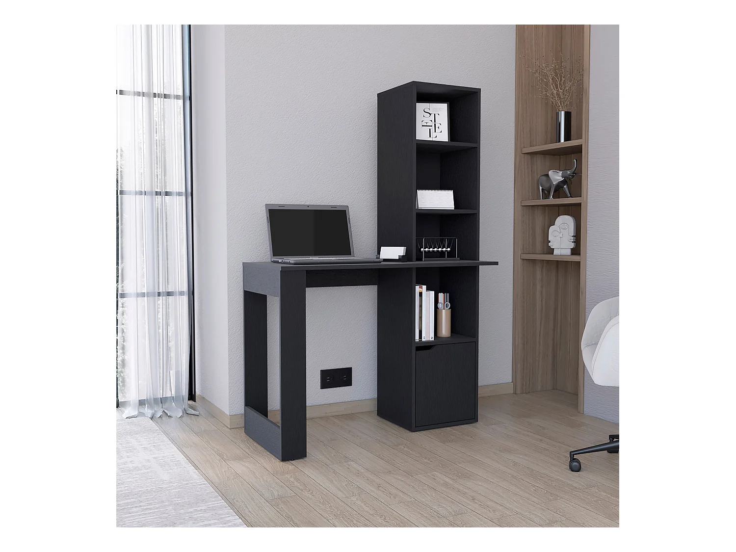 Bureau informatique Lowa en mélamine avec 1 armoire et bibliothèque à 4 niveaux, 148 cm X 98.50 cm X 45 cm , Noir