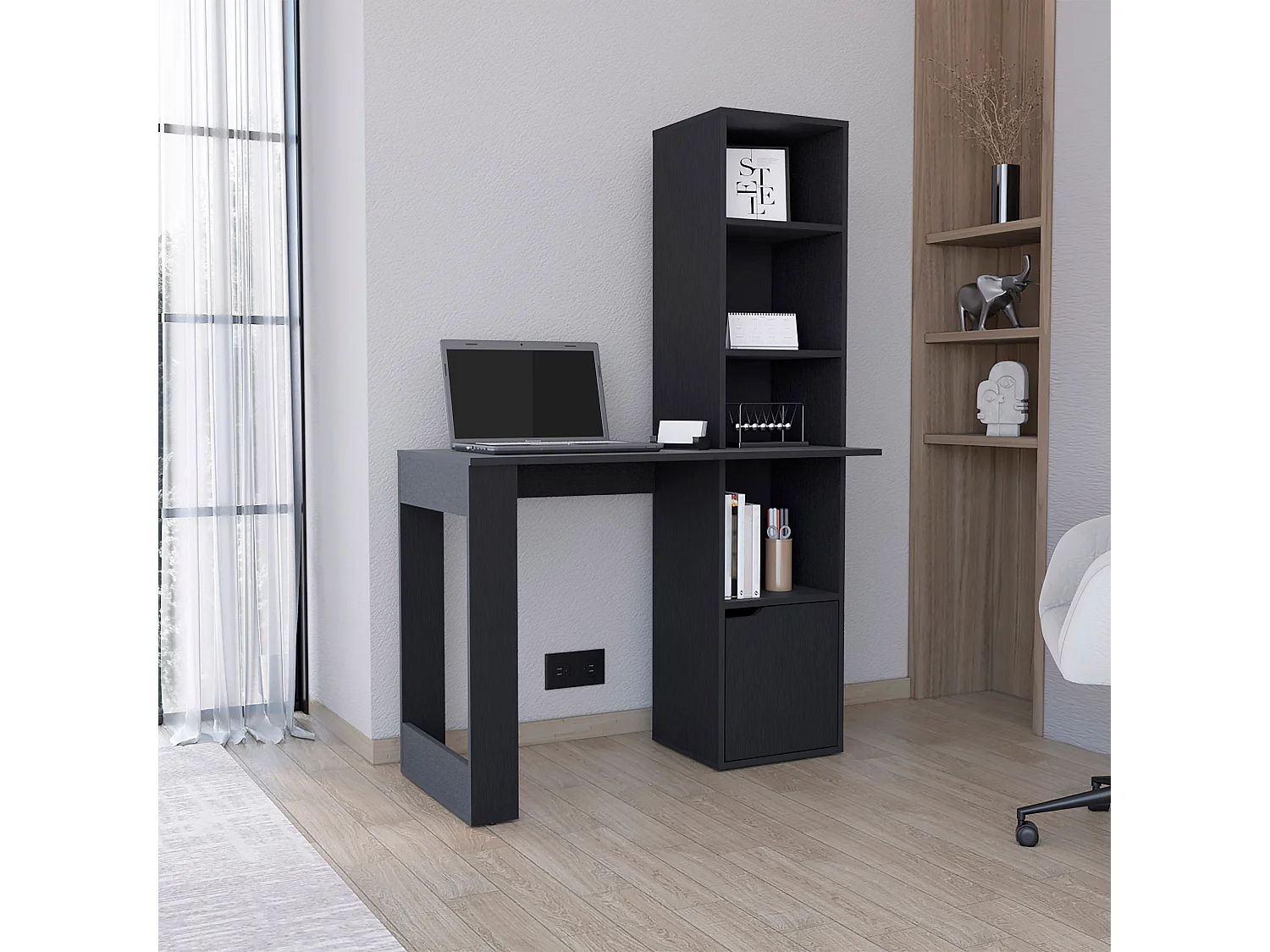 Bureau informatique Lowa en mélamine avec 1 armoire et bibliothèque à 4 niveaux, 148 cm X 98.50 cm X 45 cm , Noir