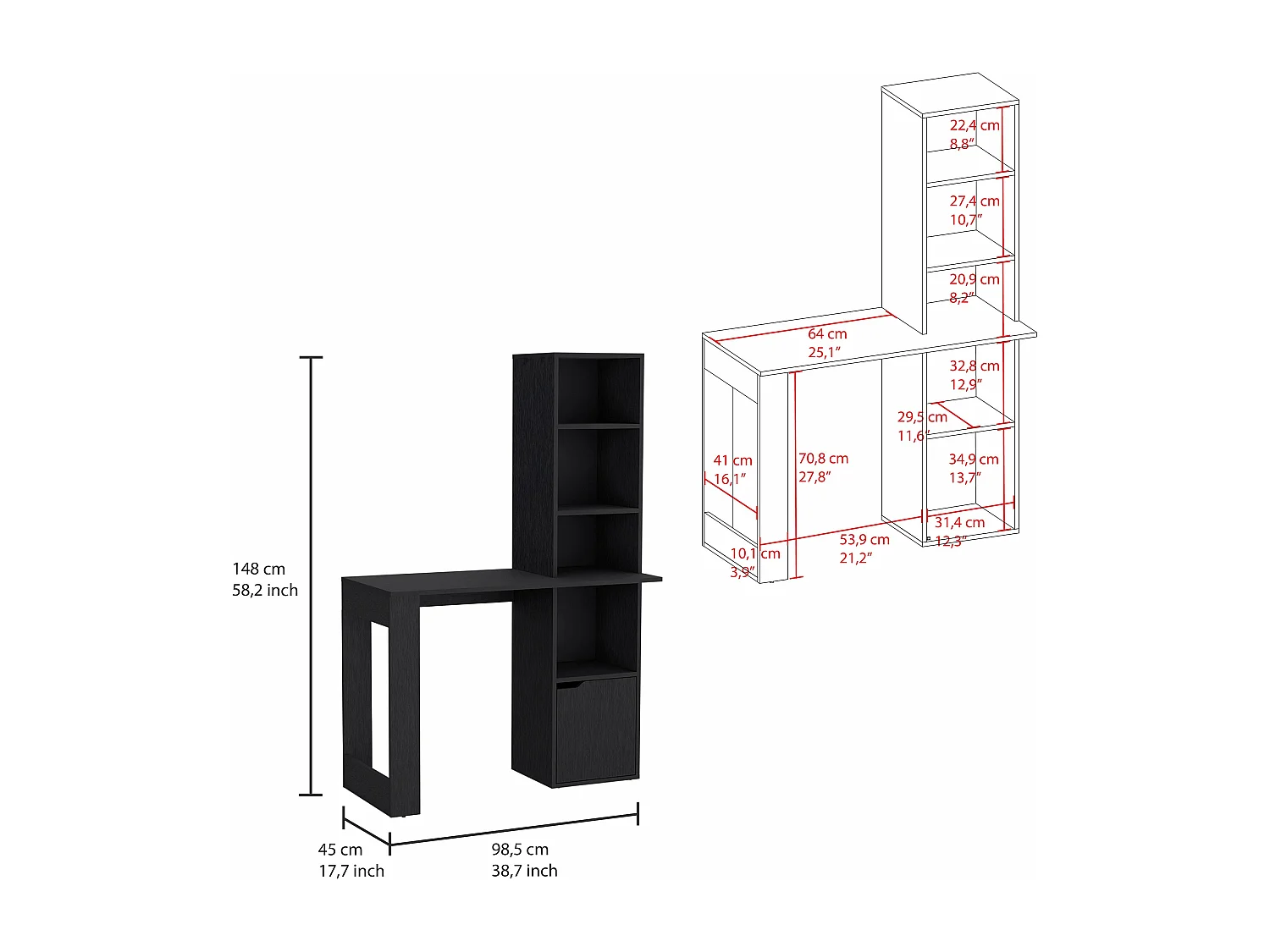 Bureau informatique Lowa en mélamine avec 1 armoire et bibliothèque à 4 niveaux, 148 cm X 98.50 cm X 45 cm , Noir