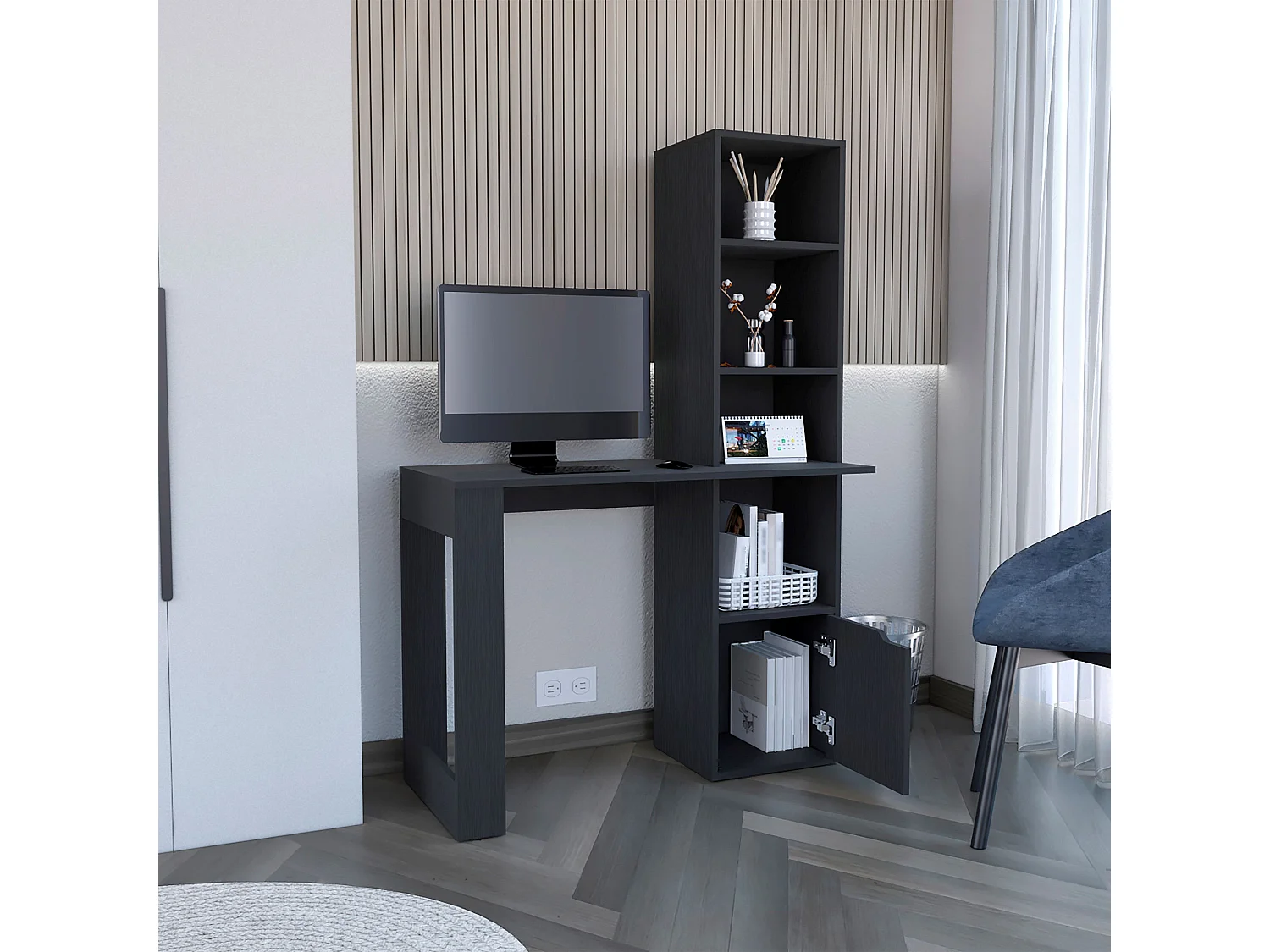 Bureau informatique Lowa en mélamine avec 1 armoire et bibliothèque à 4 niveaux, 148 cm X 98.50 cm X 45 cm , Noir