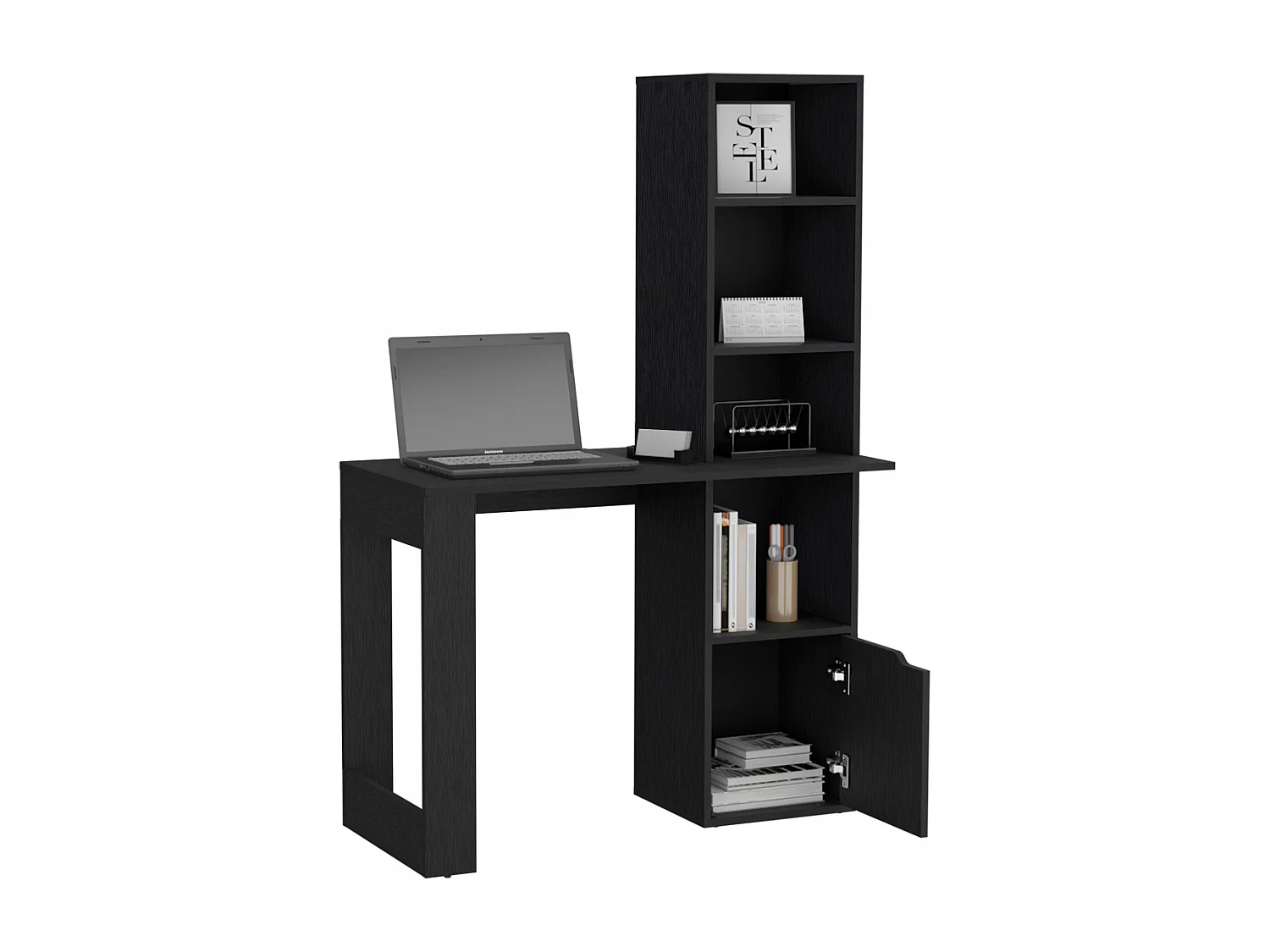 Bureau informatique Lowa en mélamine avec 1 armoire et bibliothèque à 4 niveaux, 148 cm X 98.50 cm X 45 cm , Noir