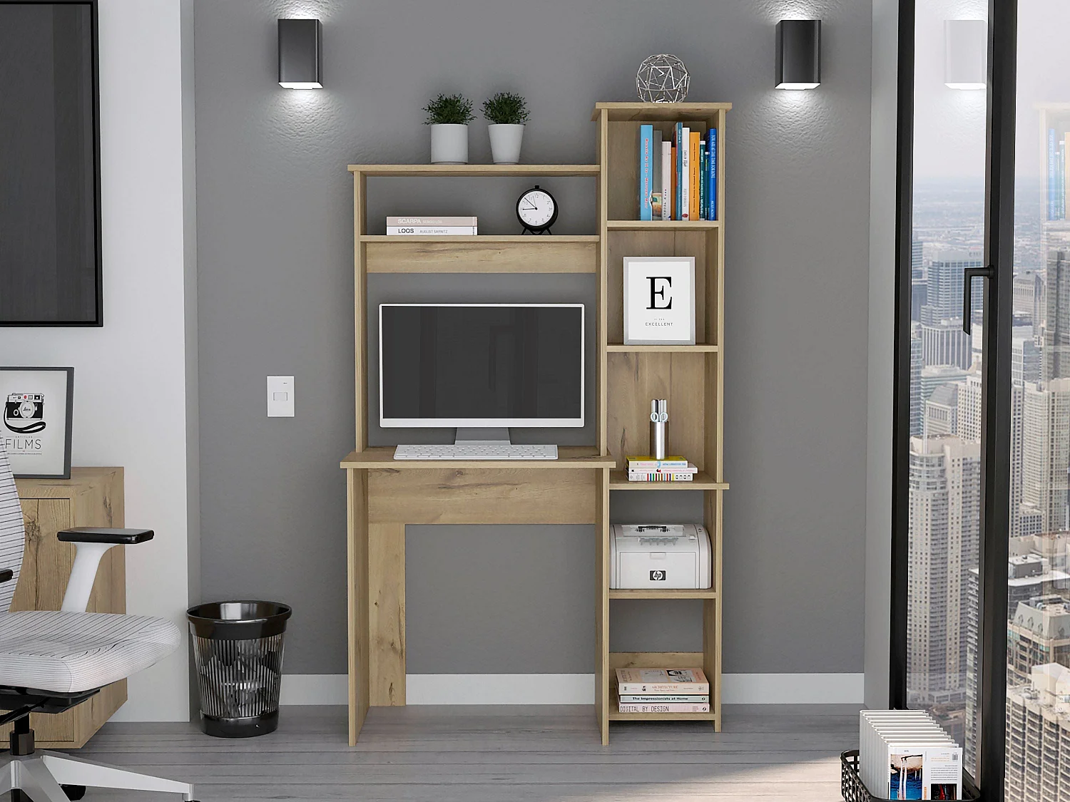 Bureau Versailles avec bibliothèque en mélamine avec 6 étagères 162.30 cm X 98.29 cm X 45.21 cm , Beige