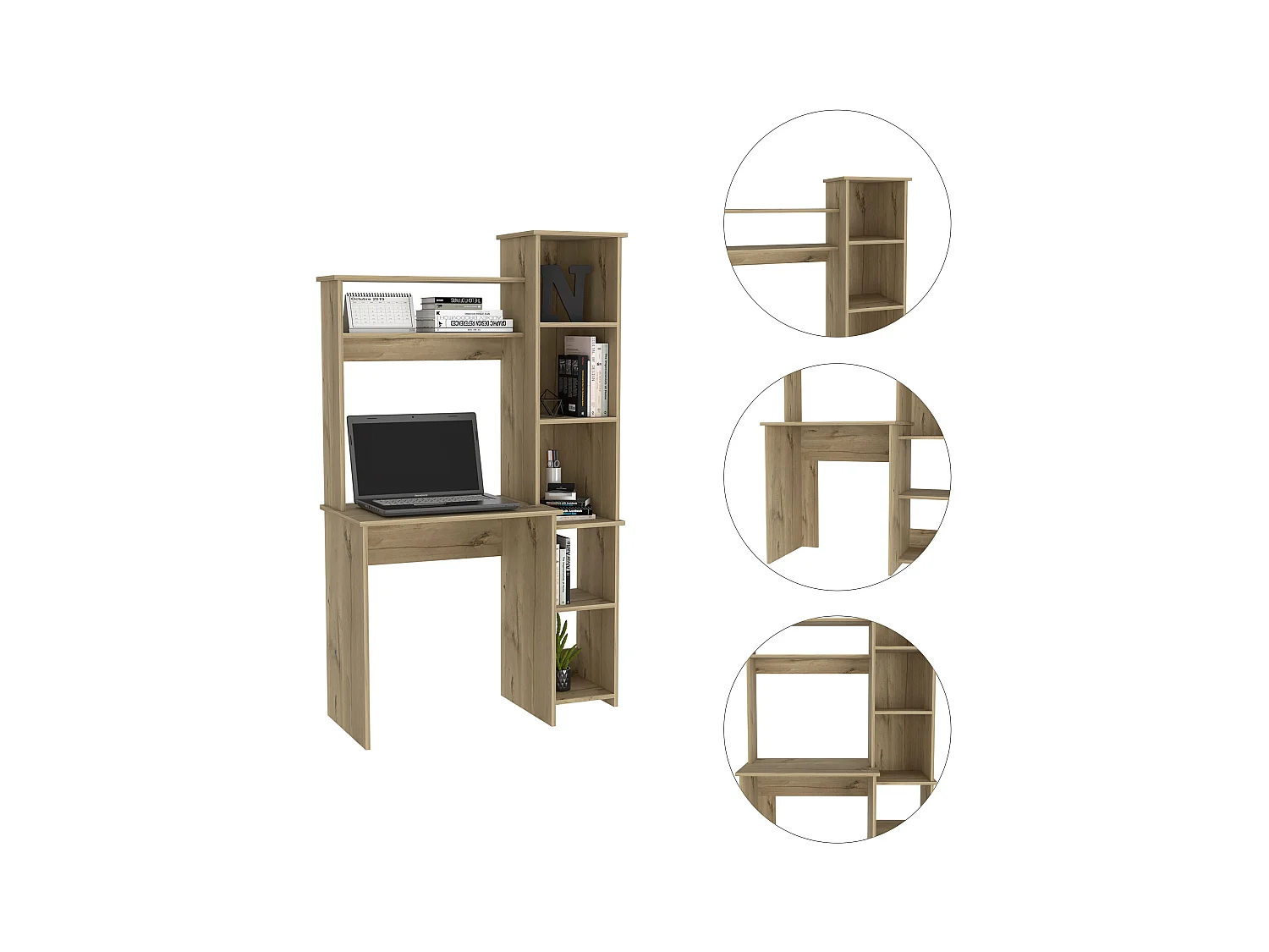 Bureau Versailles avec bibliothèque en mélamine avec 6 étagères 162.30 cm X 98.29 cm X 45.21 cm , Beige