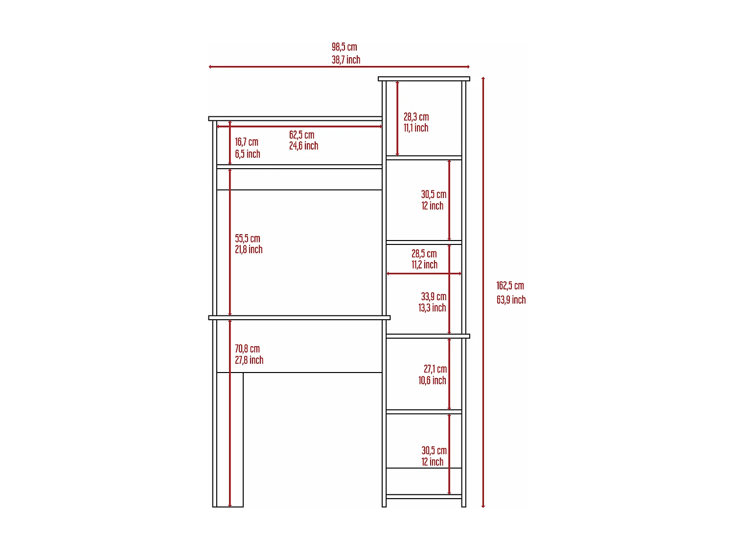 Bureau Versailles avec bibliothèque en mélamine avec 6 étagères 162.30 cm X 98.29 cm X 45.21 cm , Beige