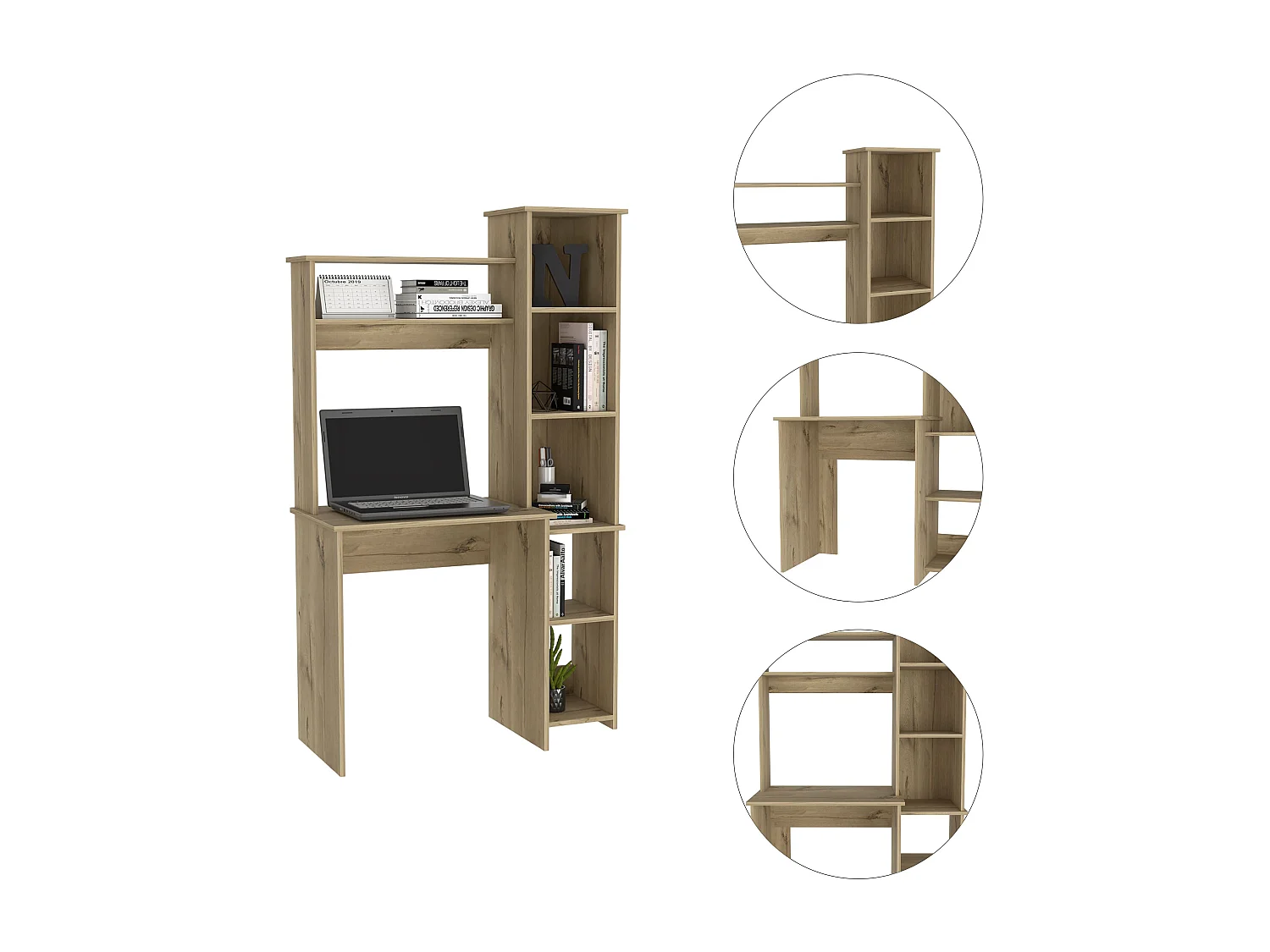 Bureau Versailles avec bibliothèque en mélamine avec 6 étagères 162.30 cm X 98.29 cm X 45.21 cm , Beige