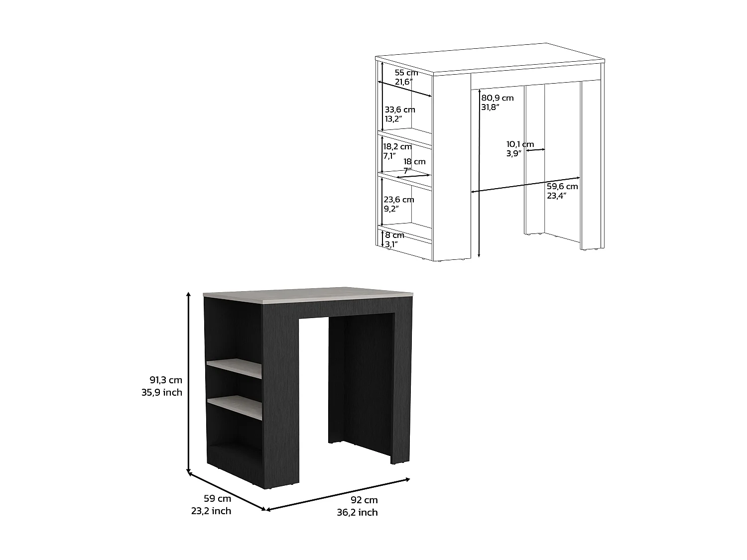 Isola da cucina in melamina Chicago con ripiani , 91.28 cm X 91.99 cm X 58.97 cm , Multicolore