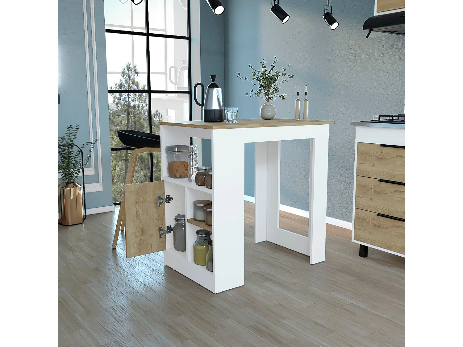 Isola da cucina Oviedo in melamina con mini armadio a 1 anta e ripiani laterali , 91.28 cm X 91.99 cm X 59 cm , Multicolore