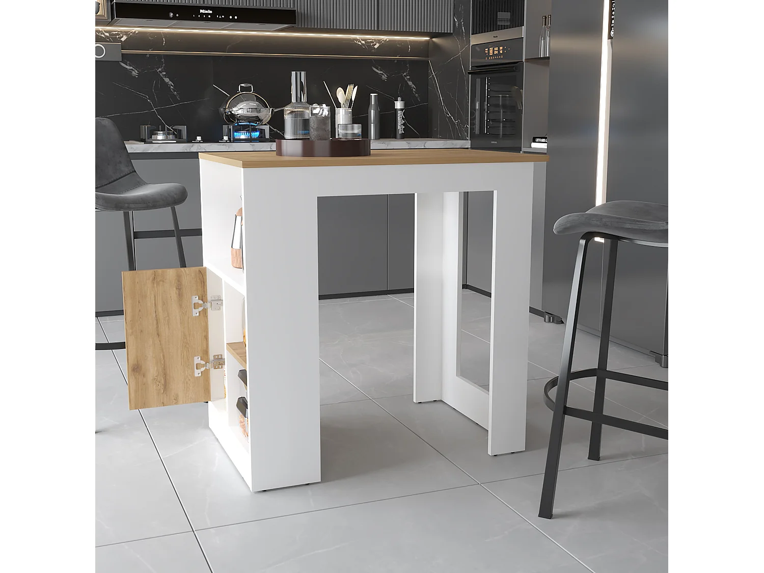 Isola da cucina Oviedo in melamina con mini armadio a 1 anta e ripiani laterali , 91.28 cm X 91.99 cm X 59 cm , Multicolore