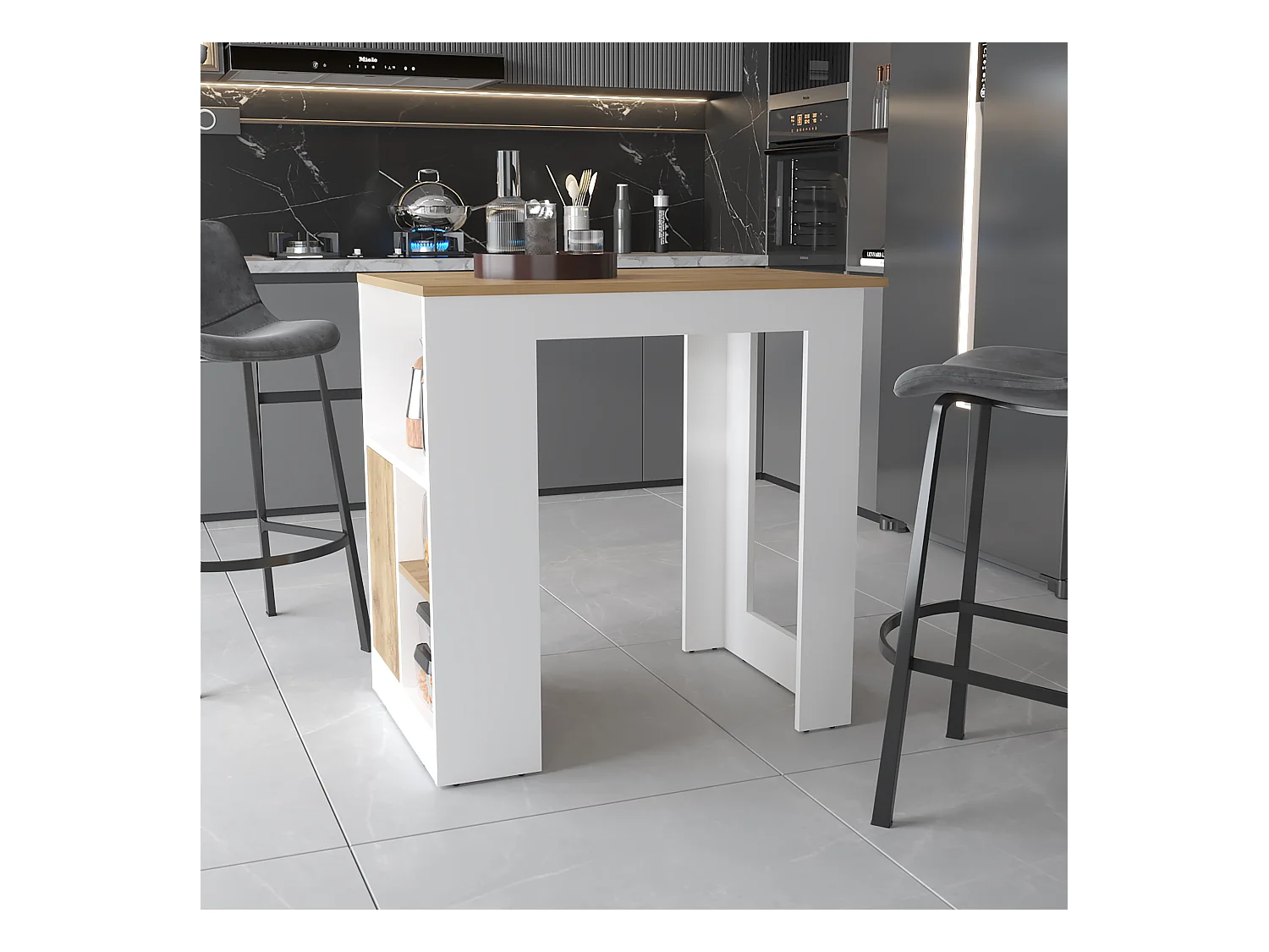 Ilot de cuisine Oviedo en mélaminé avec mini armoire 1 porte et étagères latérales , 91.28 cm X 91.99 cm X 59 cm , Multicolore