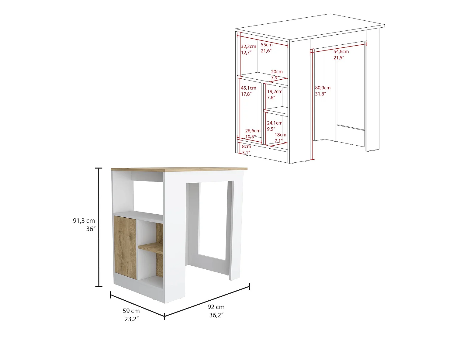 TUHOME CONCEPT Isla de cocina Stirling de 92 cm, blanco y macadamia