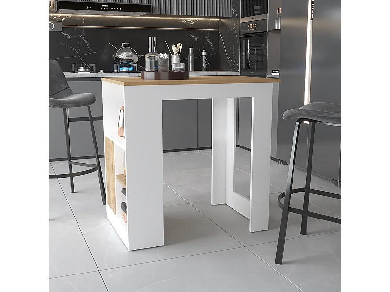 Ilot de cuisine Oviedo en mélaminé avec mini armoire 1 porte et étagères latérales , 91.28 cm X 91.99 cm X 59 cm , Multicolore