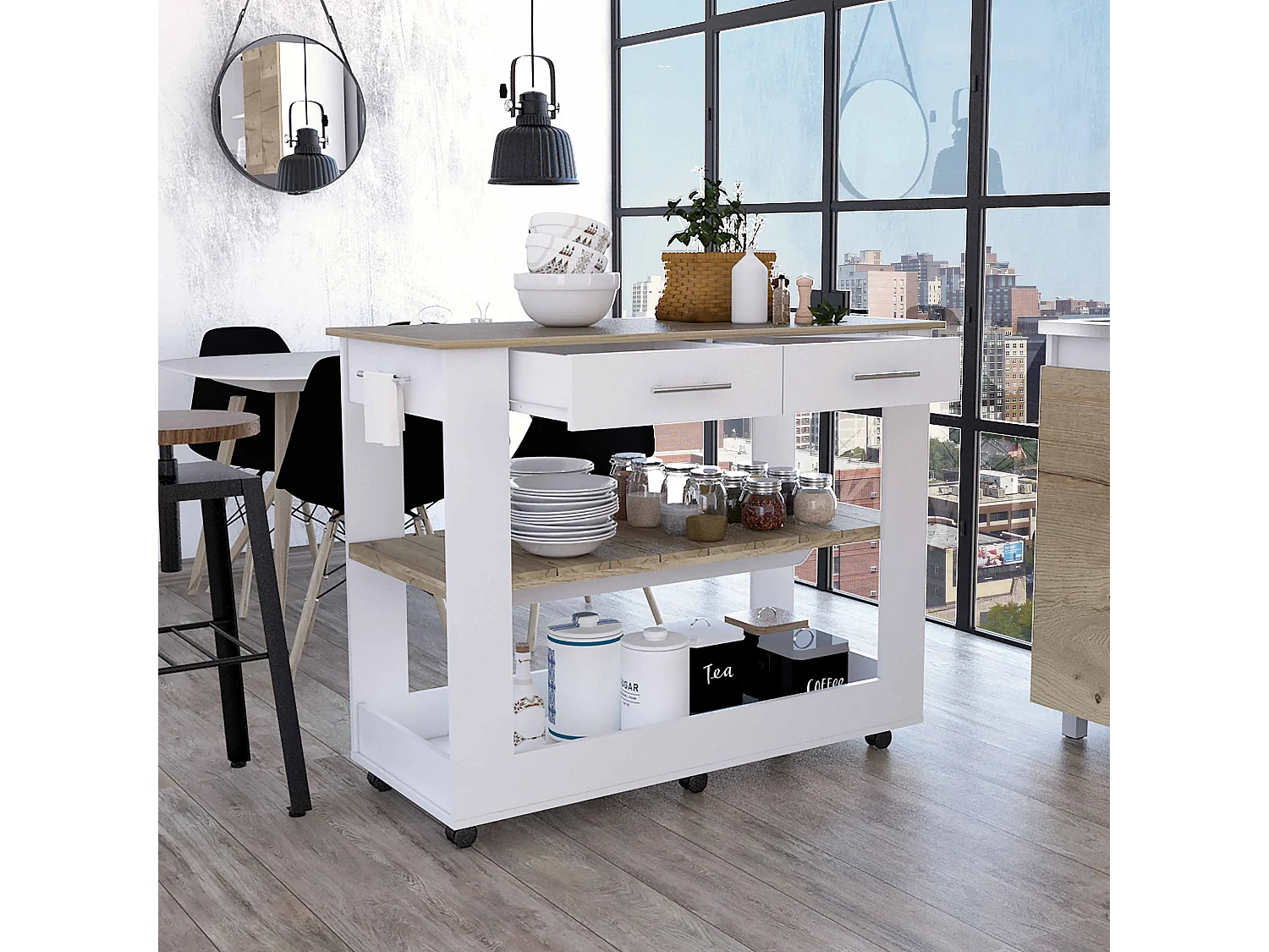 Ilot de cuisine Brooklyn en mélamine, avec tiroirs à rail métallique, 92.71 cm X 116.58 cm X 50.8 cm , Multicolore