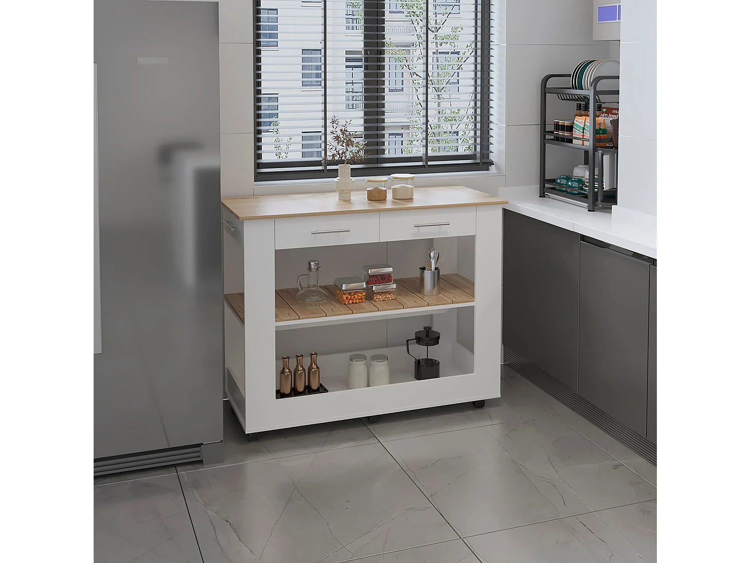 Ilot de cuisine Brooklyn en mélamine, avec tiroirs à rail métallique, 92.71 cm X 116.58 cm X 50.8 cm , Multicolore