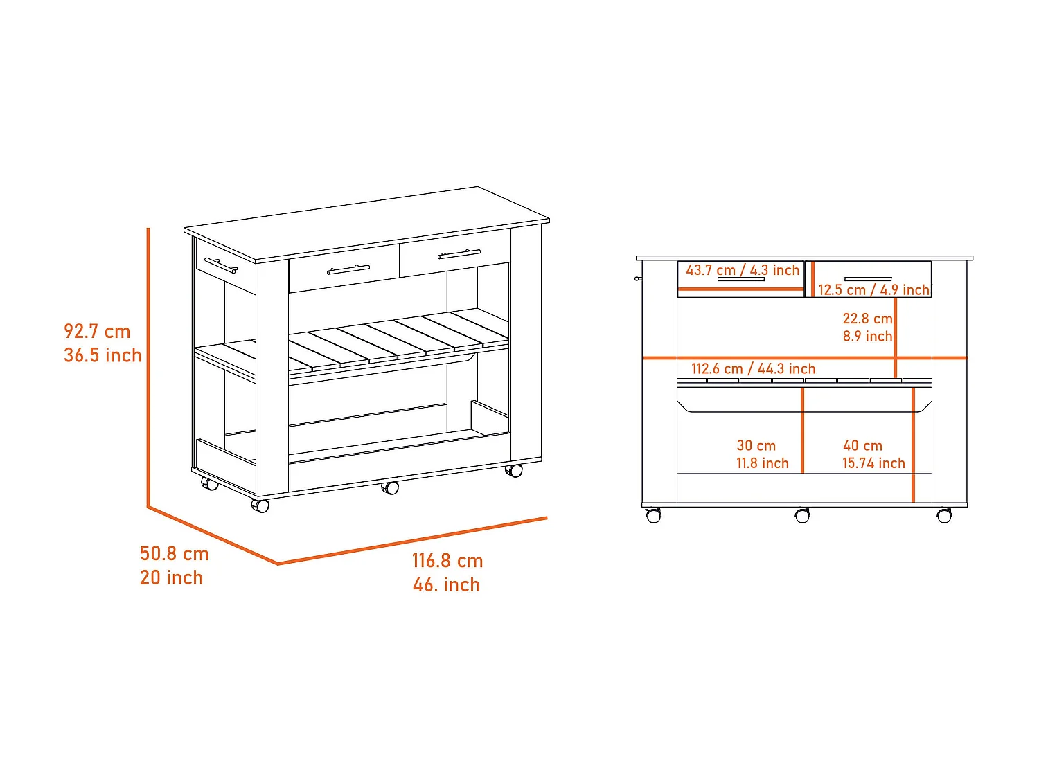 Ilot de cuisine Brooklyn en mélamine, avec tiroirs à rail métallique, 92.71 cm X 116.58 cm X 50.8 cm , Multicolore