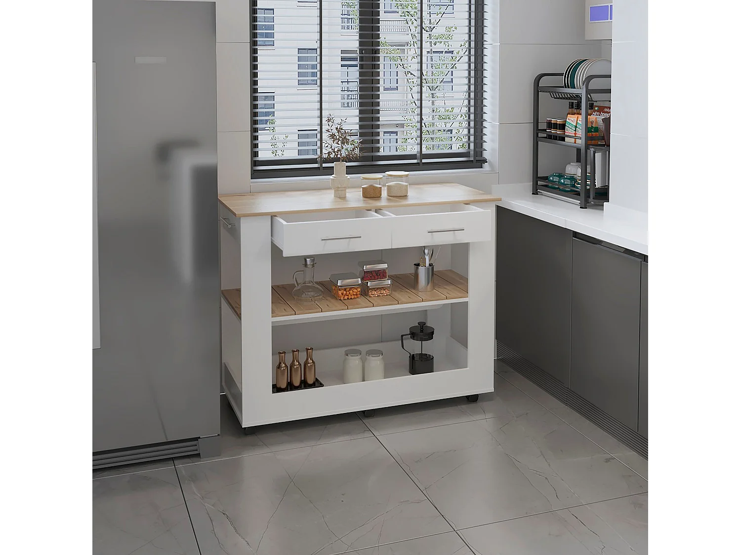 Ilot de cuisine Brooklyn en mélamine, avec tiroirs à rail métallique, 92.71 cm X 116.58 cm X 50.8 cm , Multicolore