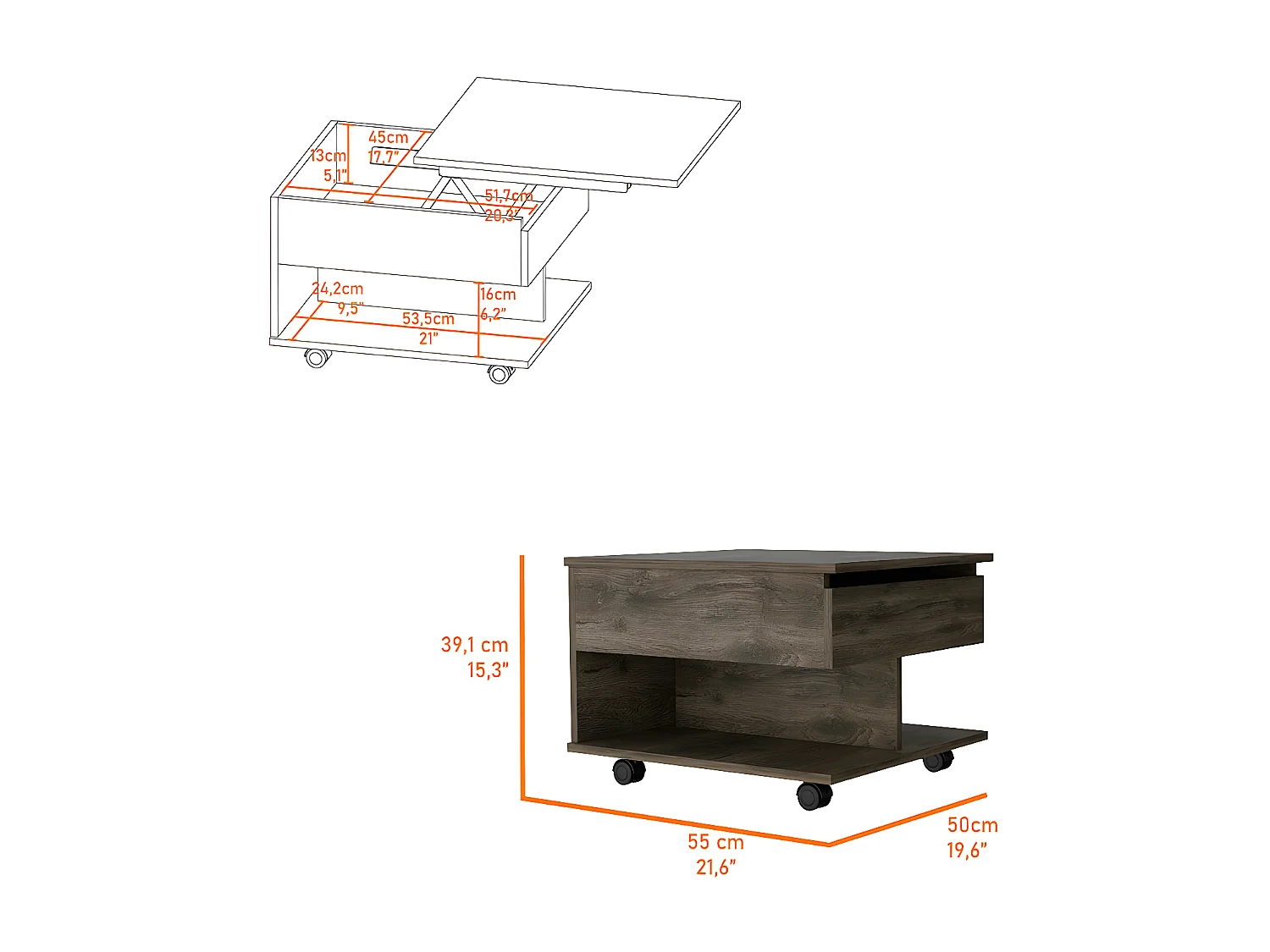 Mesa de centro Luanda en Melamina, con cajón de riel metálico , 38.86 cm  X 54.86 cm  X 49.78 cm  , Marrón