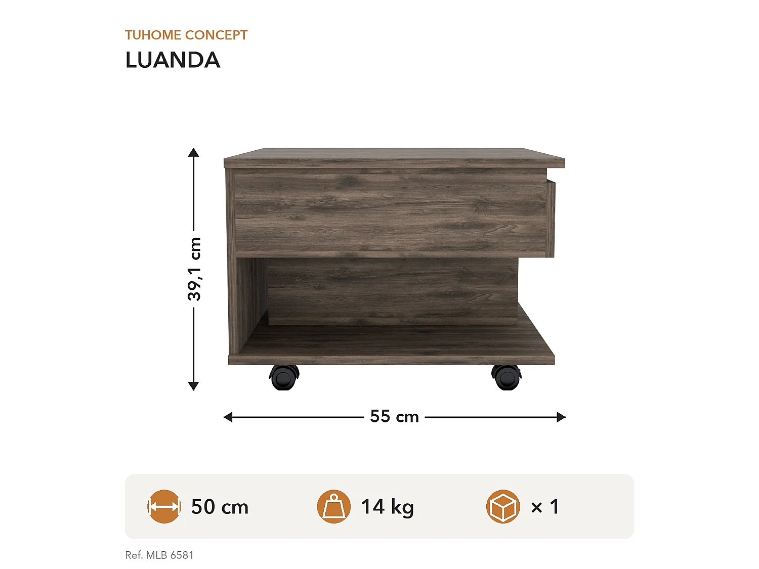 TUHOME CONCEPT Mesa de centro elevatória Luanda de 55 cm, carvalho escuro