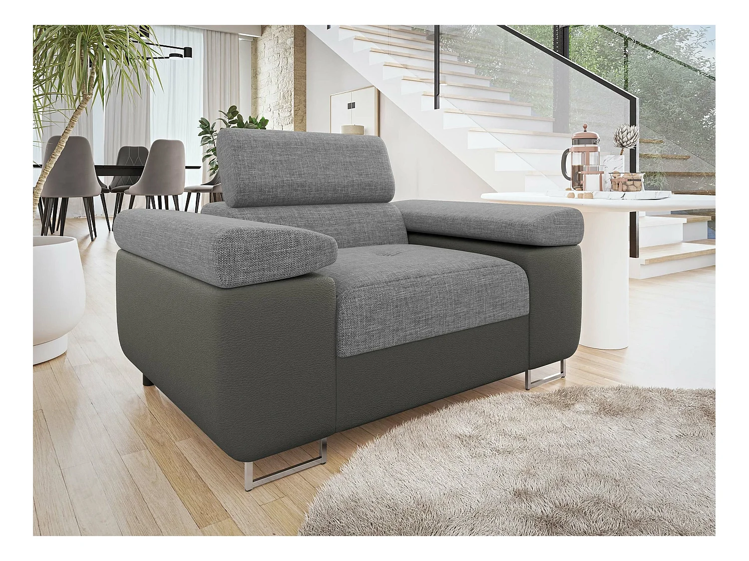 Fauteuil Comfivo Eliferu 106, Gris, 70x134x102cm, Faux cuir + Tapisserie, Pieds: Métal