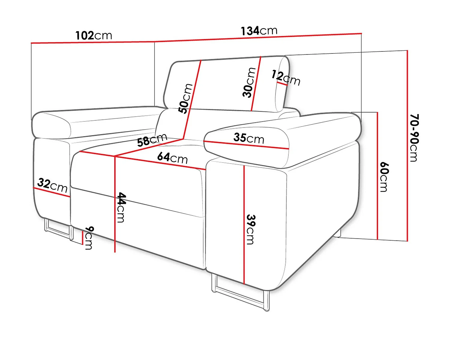 Sillón Comfivo Eliferu 106, Gris, 70x134x102cm, Cuero ecológico + Tapiz, Patas: Metal