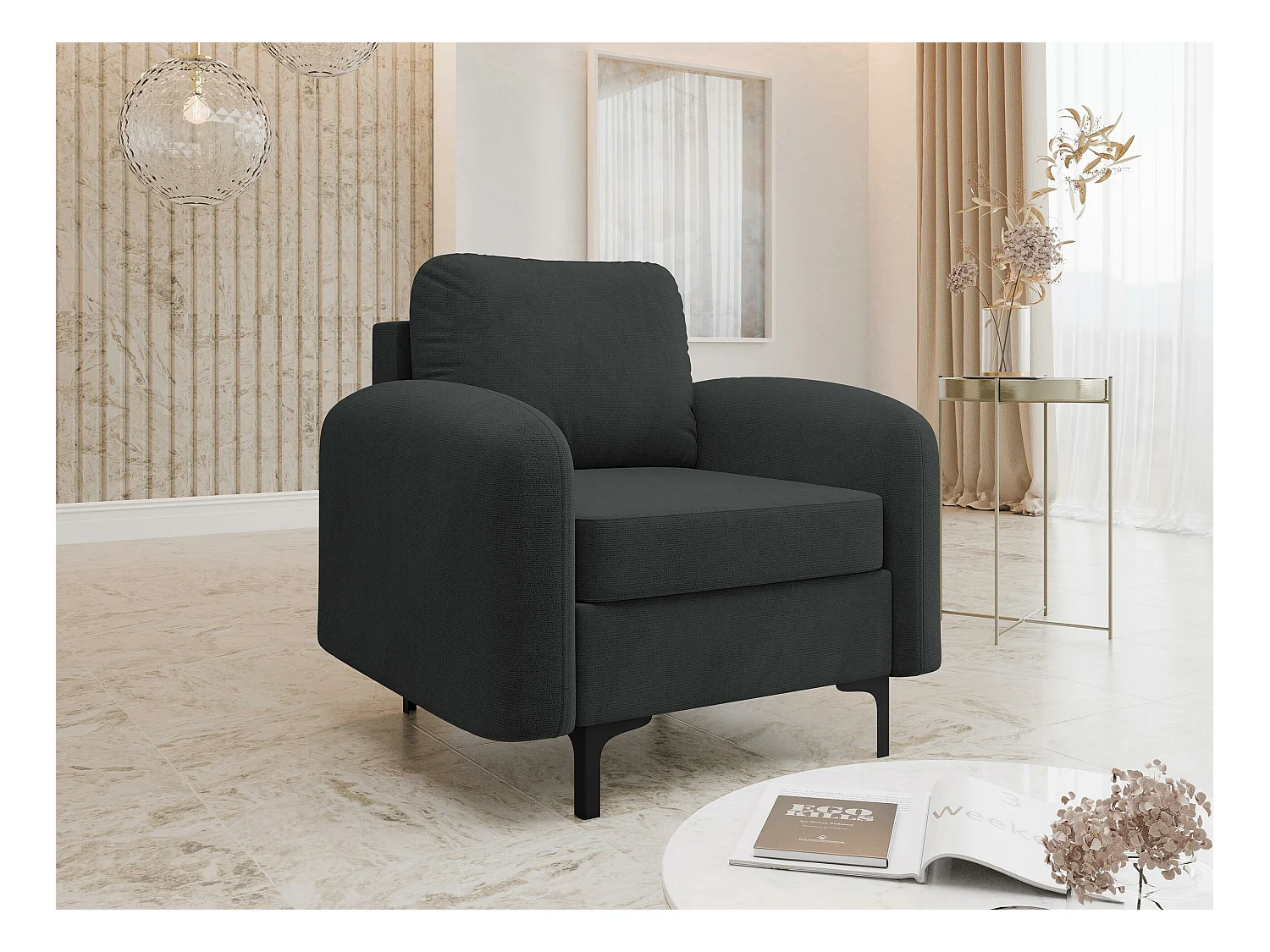 Fauteuil Torlua 100, Noir, 96x92x94cm, Tapisserie, Pieds: Métal
