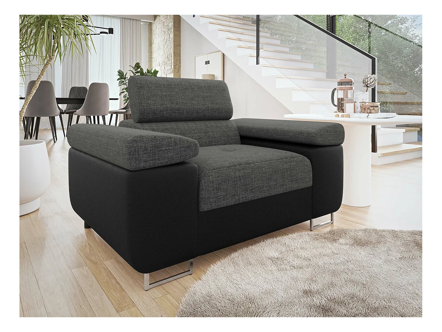 Fauteuil Comfivo Eliferu 106, Gris, 70x134x102cm, Faux cuir + Tapisserie, Pieds: Métal