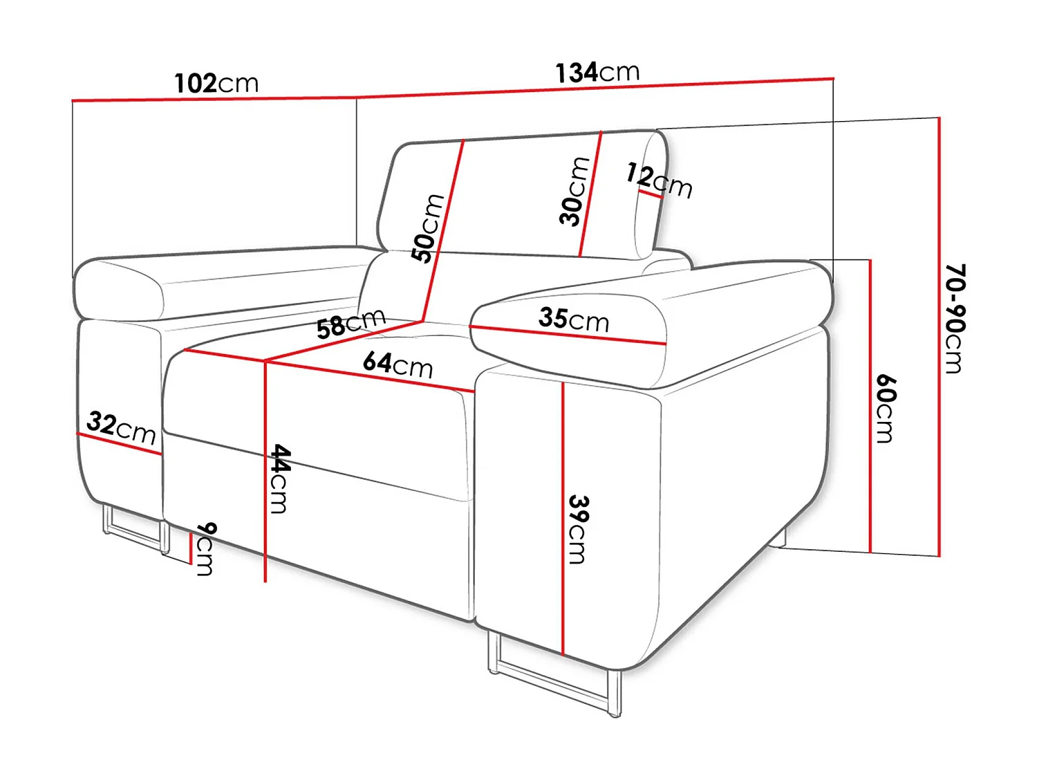 Sillón Comfivo Eliferu 106, Gris, 70x134x102cm, Cuero ecológico + Tapiz, Patas: Metal