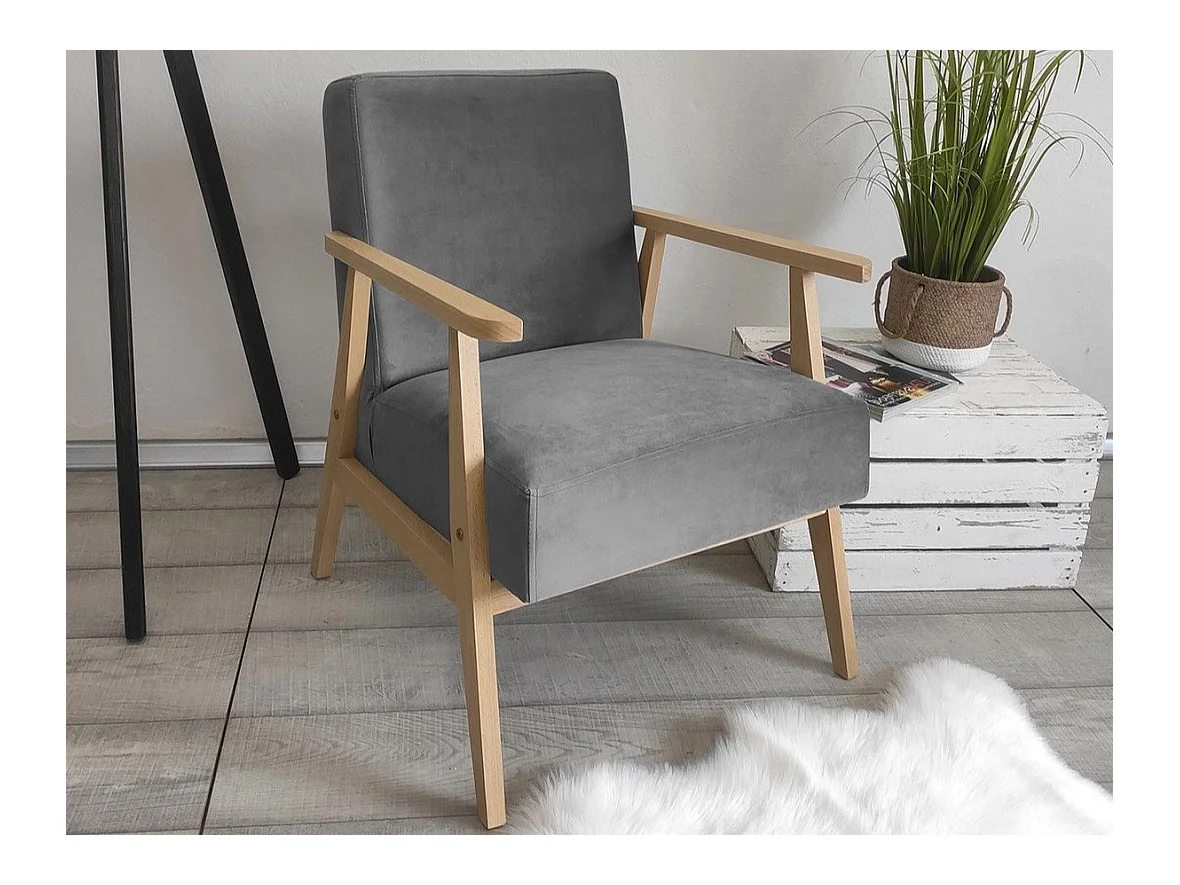 Sillón Clovis 100, Gris, 76x59x67cm, Tapiz, Patas: Madera