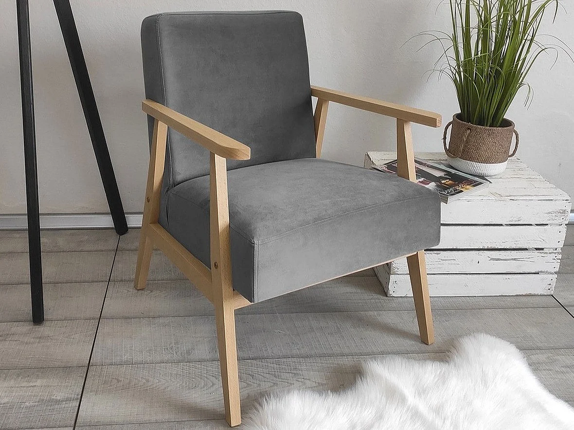 Sillón Clovis 100, Gris, 76x59x67cm, Tapiz, Patas: Madera