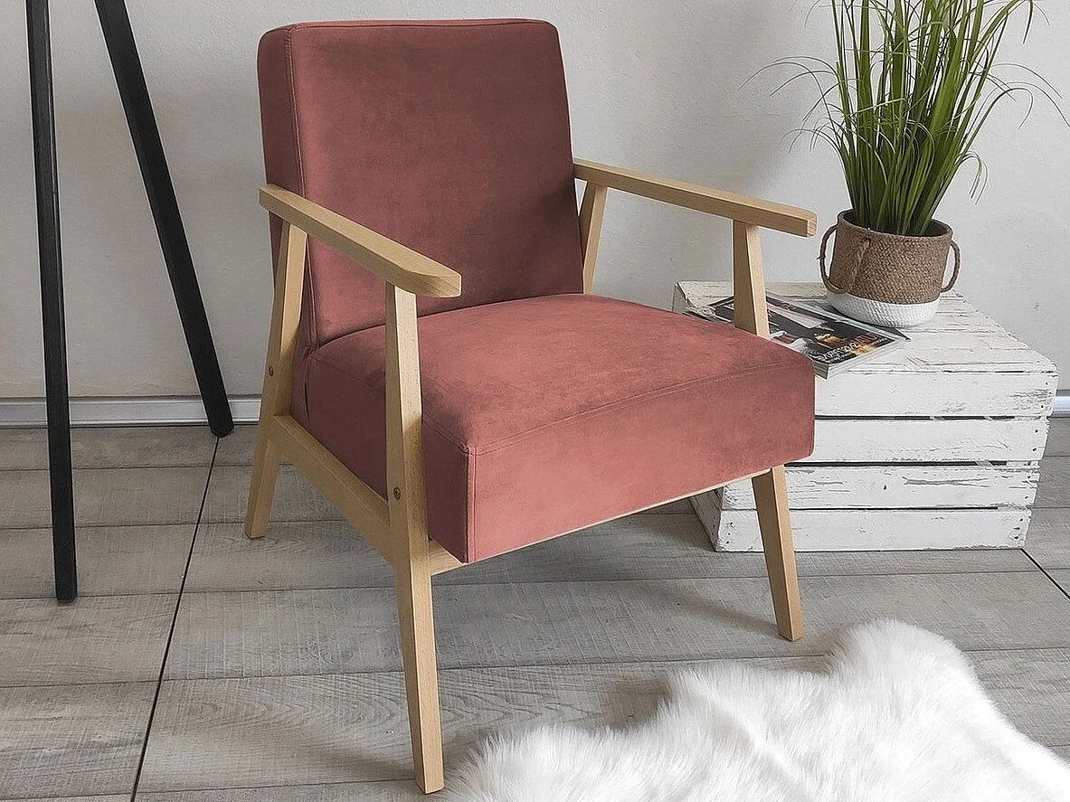 Sillón Clovis 100, Rosa, 76x59x67cm, Tapiz, Patas: Madera