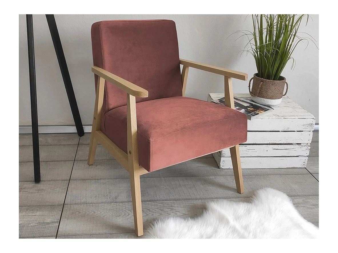 Fauteuil Clovis 100, Rose, 76x59x67cm, Tapisserie, Pieds: Bois