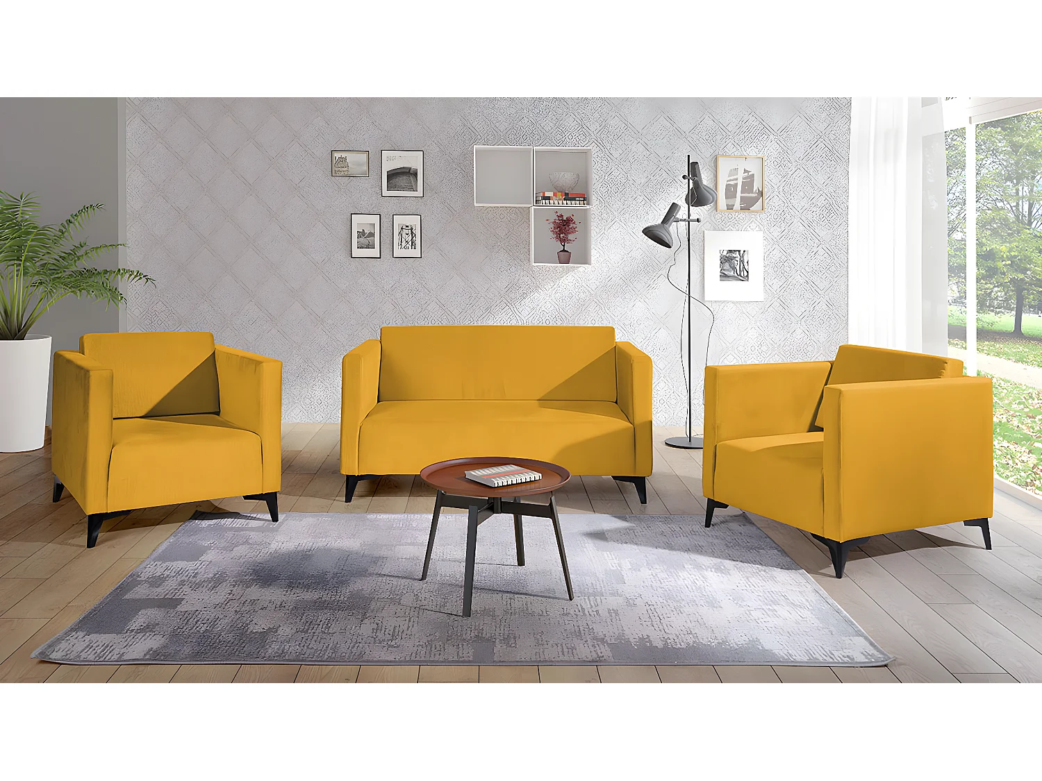 Fauteuil Virmore 102, Jaune, 74x76x82cm, Tapisserie, Pieds: Plastique