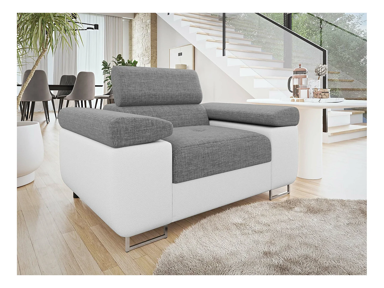Fauteuil Comfivo Eliferu 106, Gris, 70x134x102cm, Faux cuir + Tapisserie, Pieds: Métal