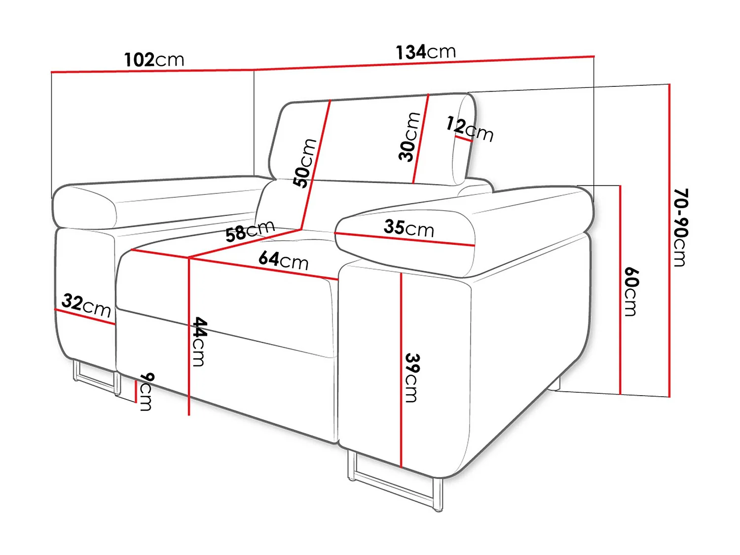 Sillón Comfivo Eliferu 106, Gris, 70x134x102cm, Cuero ecológico + Tapiz, Patas: Metal
