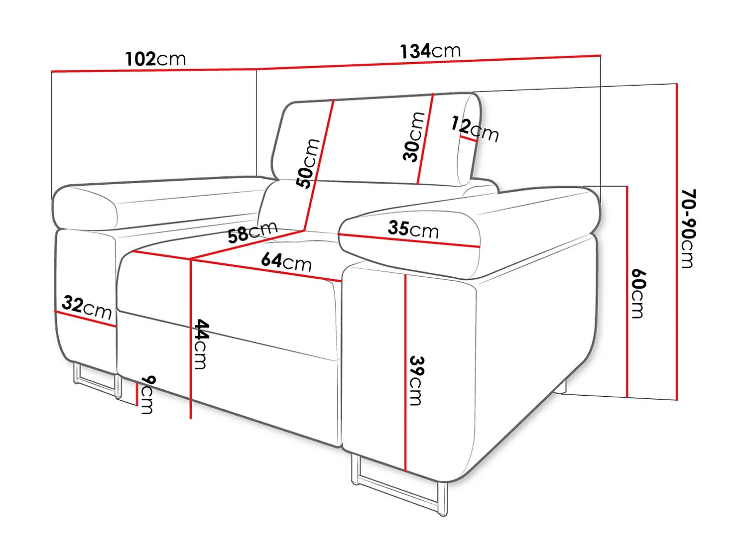 Sillón Comfivo Eliferu 106, Gris, 70x134x102cm, Tapiz, Patas: Metal