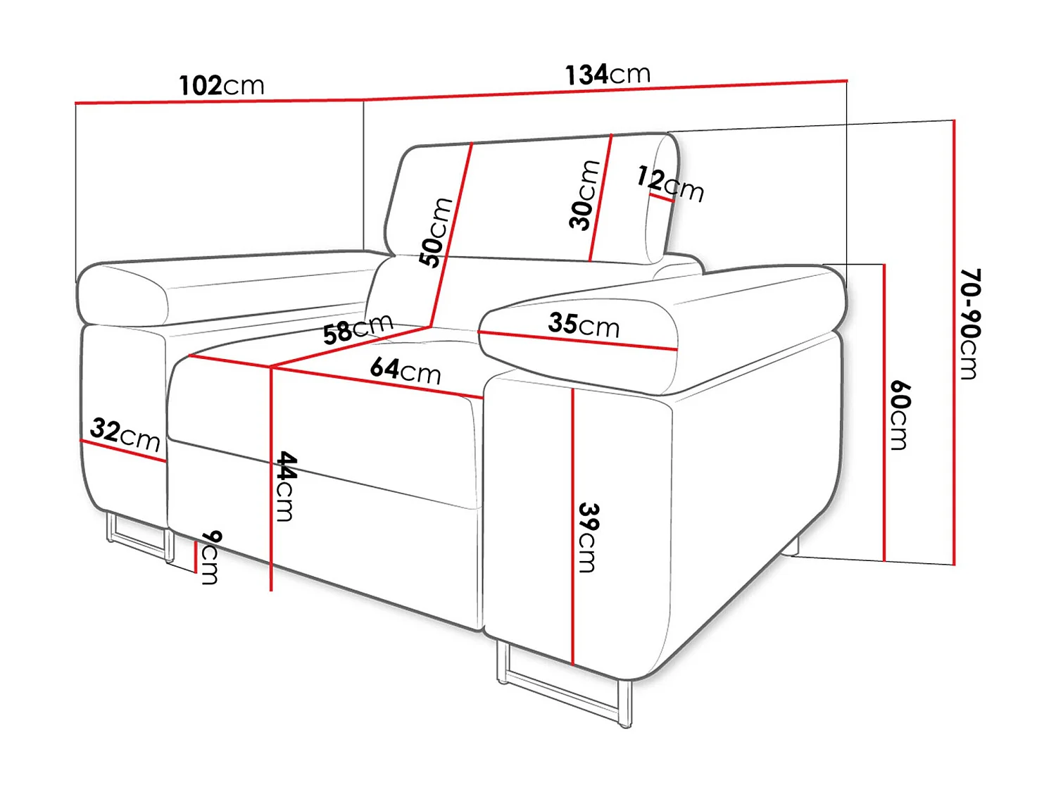 Sillón Comfivo Eliferu 106, Gris, 70x134x102cm, Tapiz, Patas: Metal